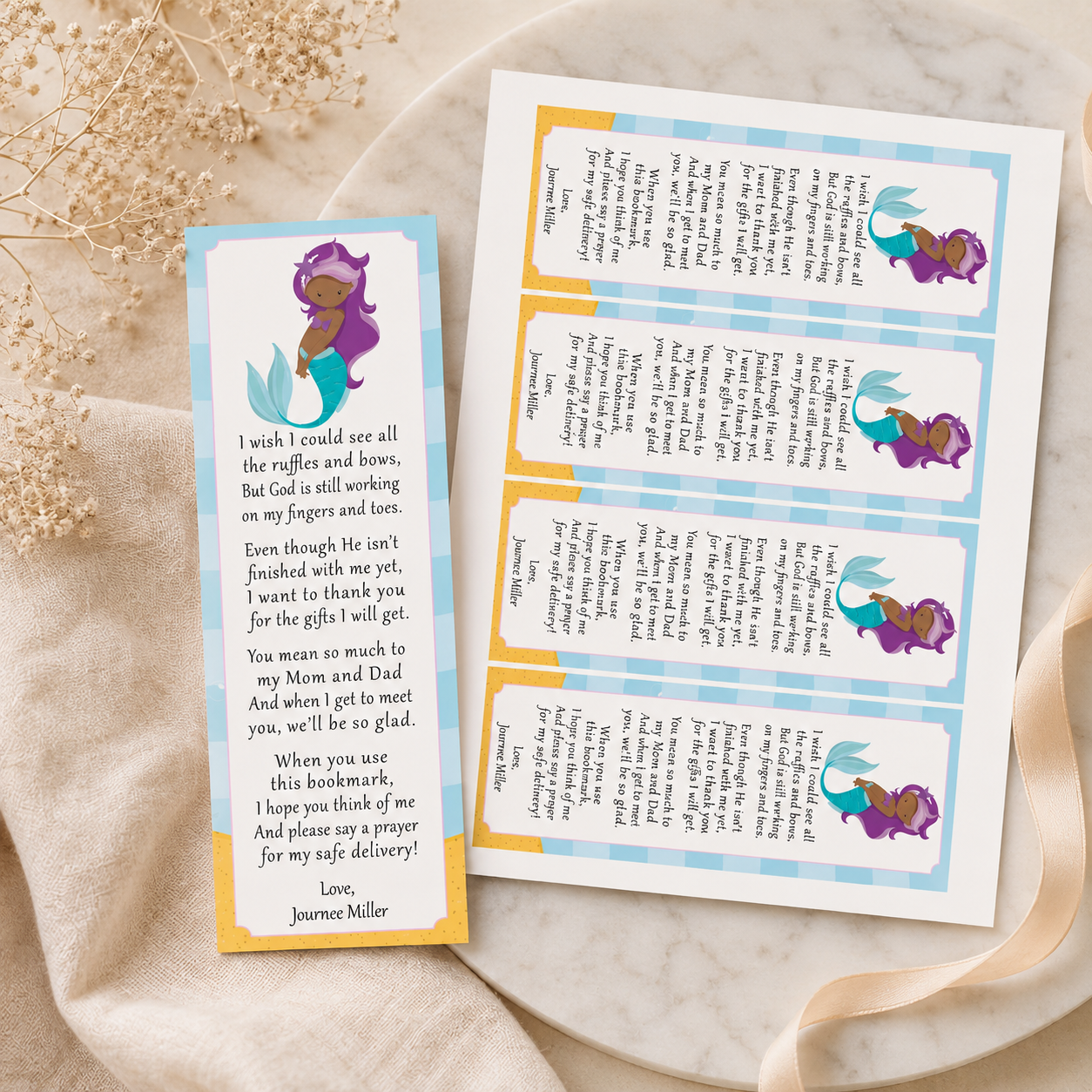 Mermaid Bookmark Favor Baby Girl Shower African Printable