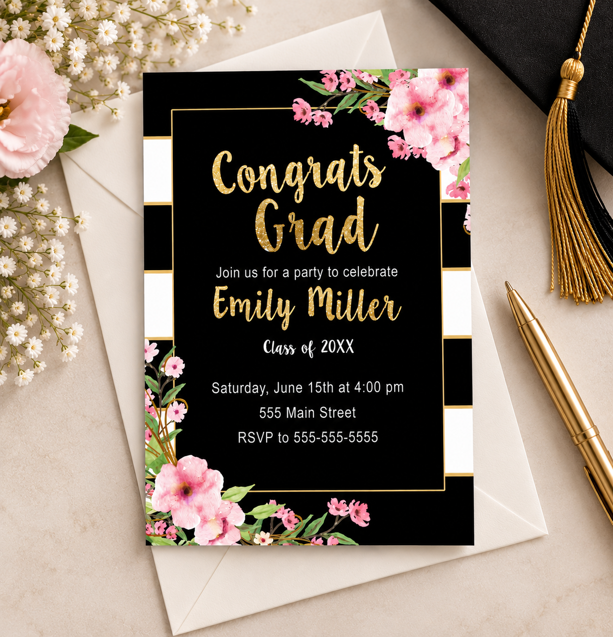 Girl Graduation Invitation Boho Flowers Glitter Gold Pink