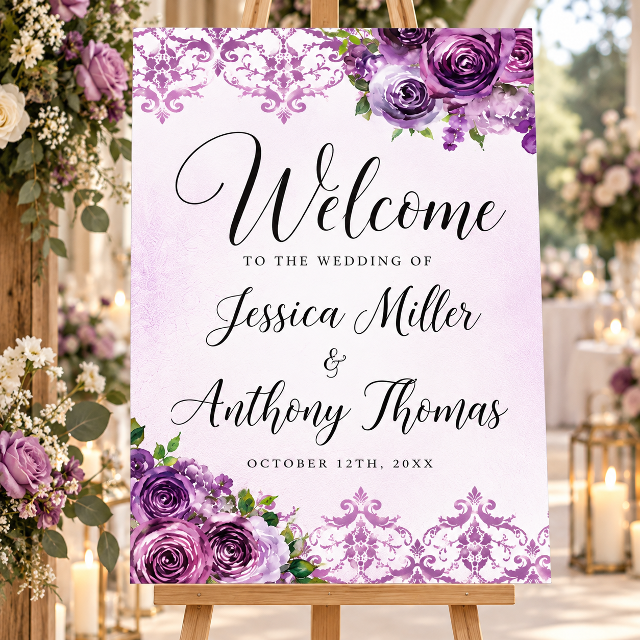 Wedding welcome sign floral purple
