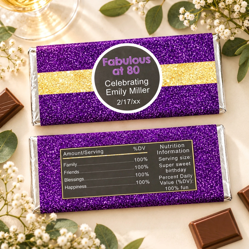 50 Candy Bar Wrappers Glitter Purple Gold Adult Birthday