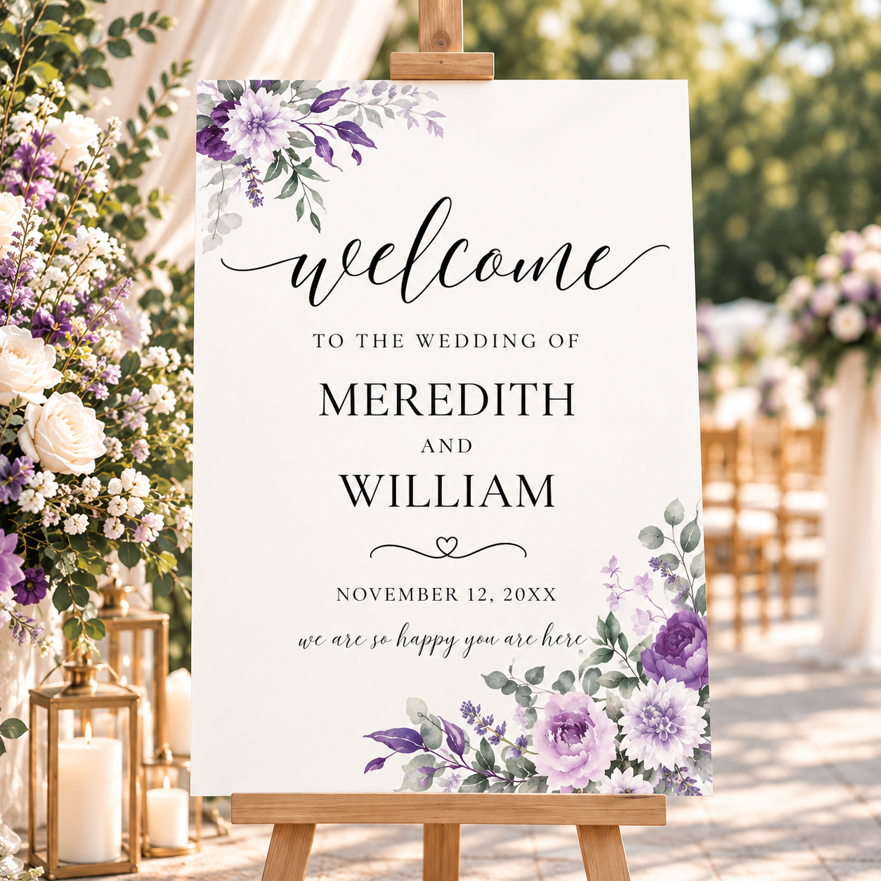 Wedding welcome sign floral purple romantic