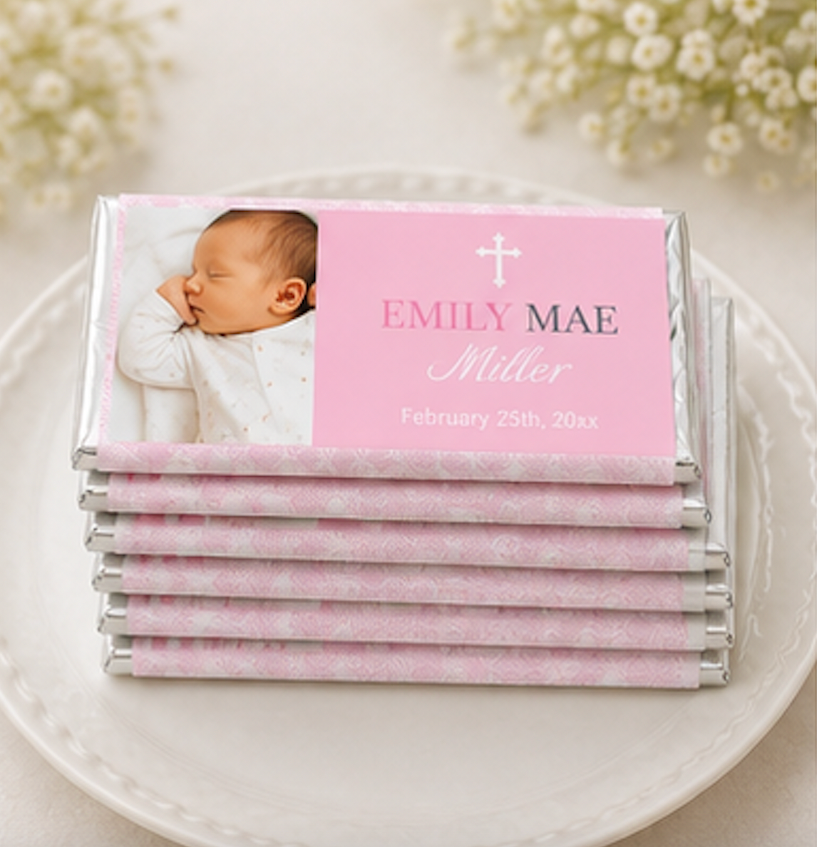 Girl baptism candy wrapper pink and silver printable