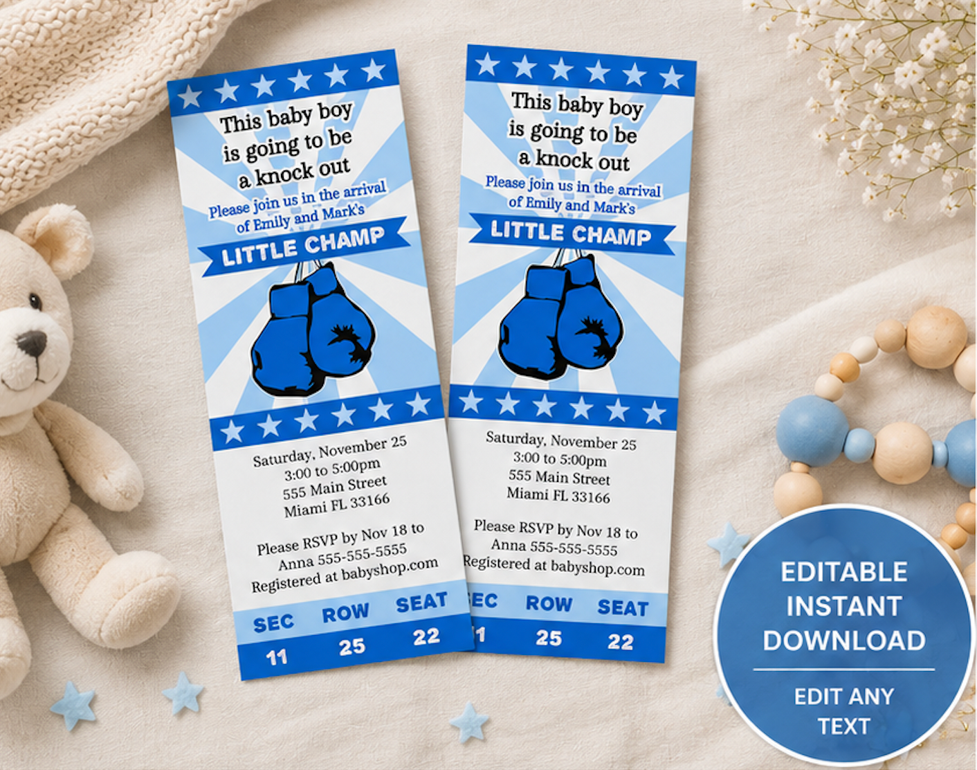 Boxing blue baby shower invitation