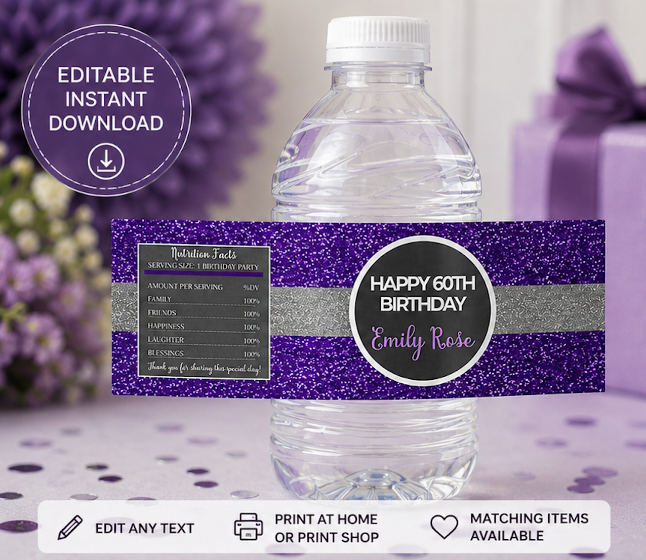 Silver and purple glitter bottle label