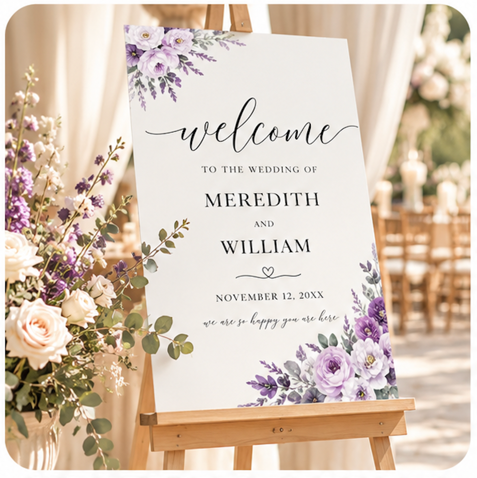 Wedding welcome sign floral purple romantic