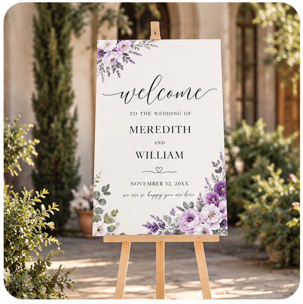 Wedding welcome sign floral purple romantic