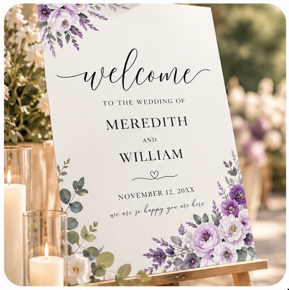 Wedding welcome sign floral purple romantic