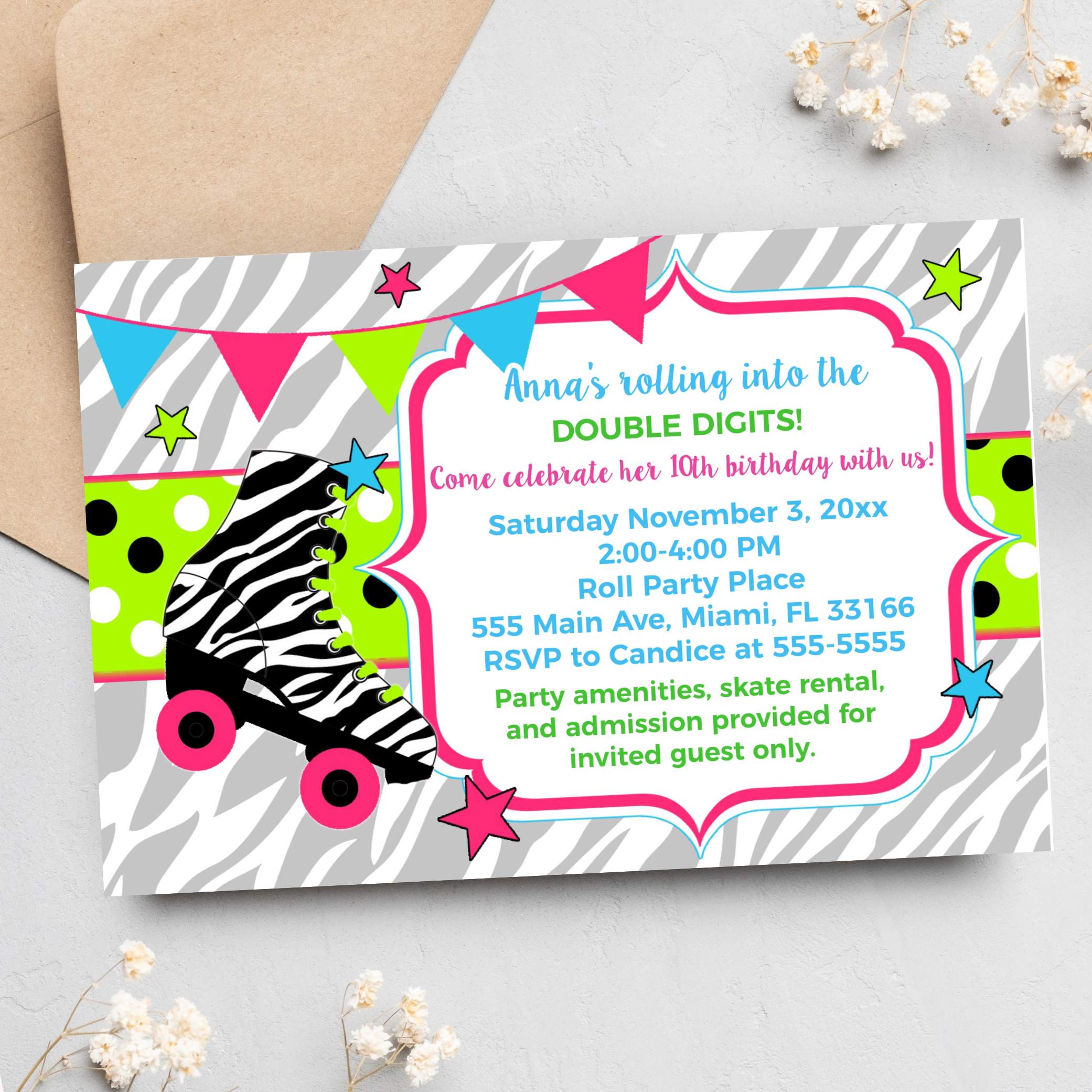 Roller skates zebra green birthday invitation