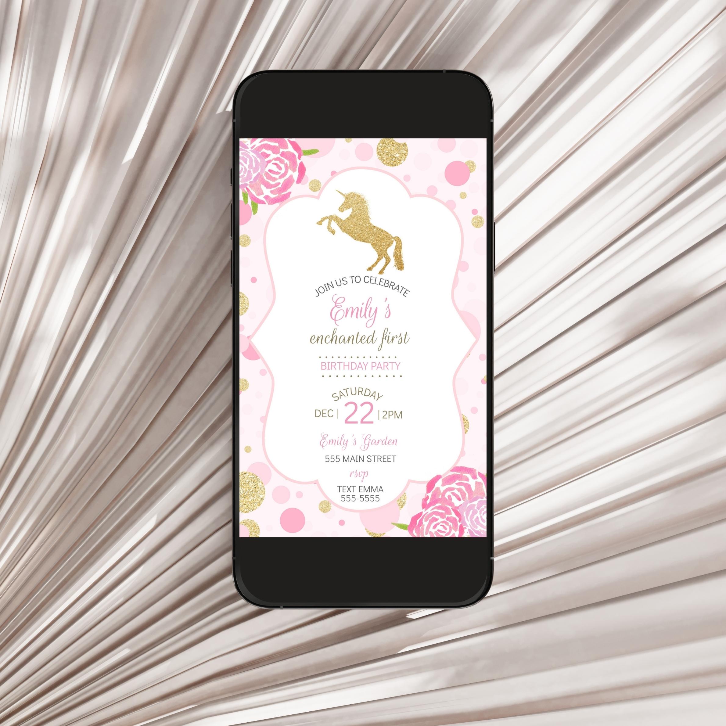 Unicorn birthday invitation confetti pink gold