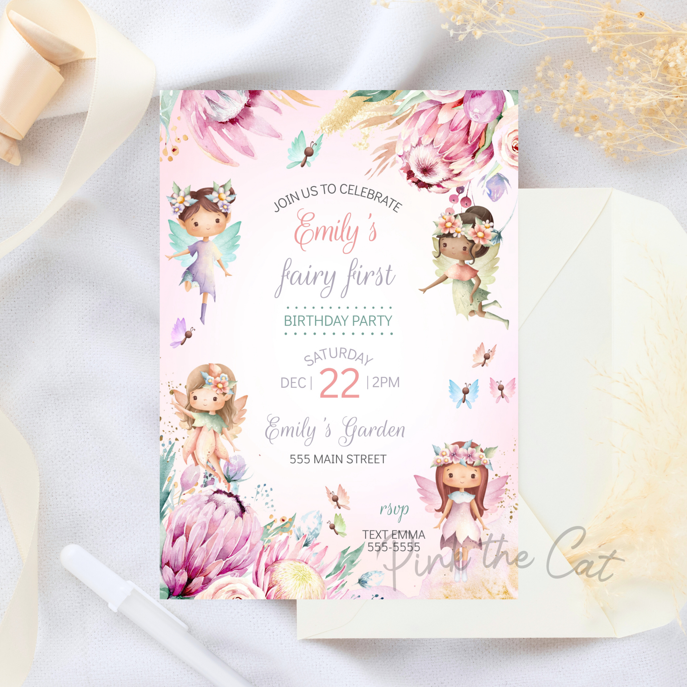 Fairy first birthday invitation