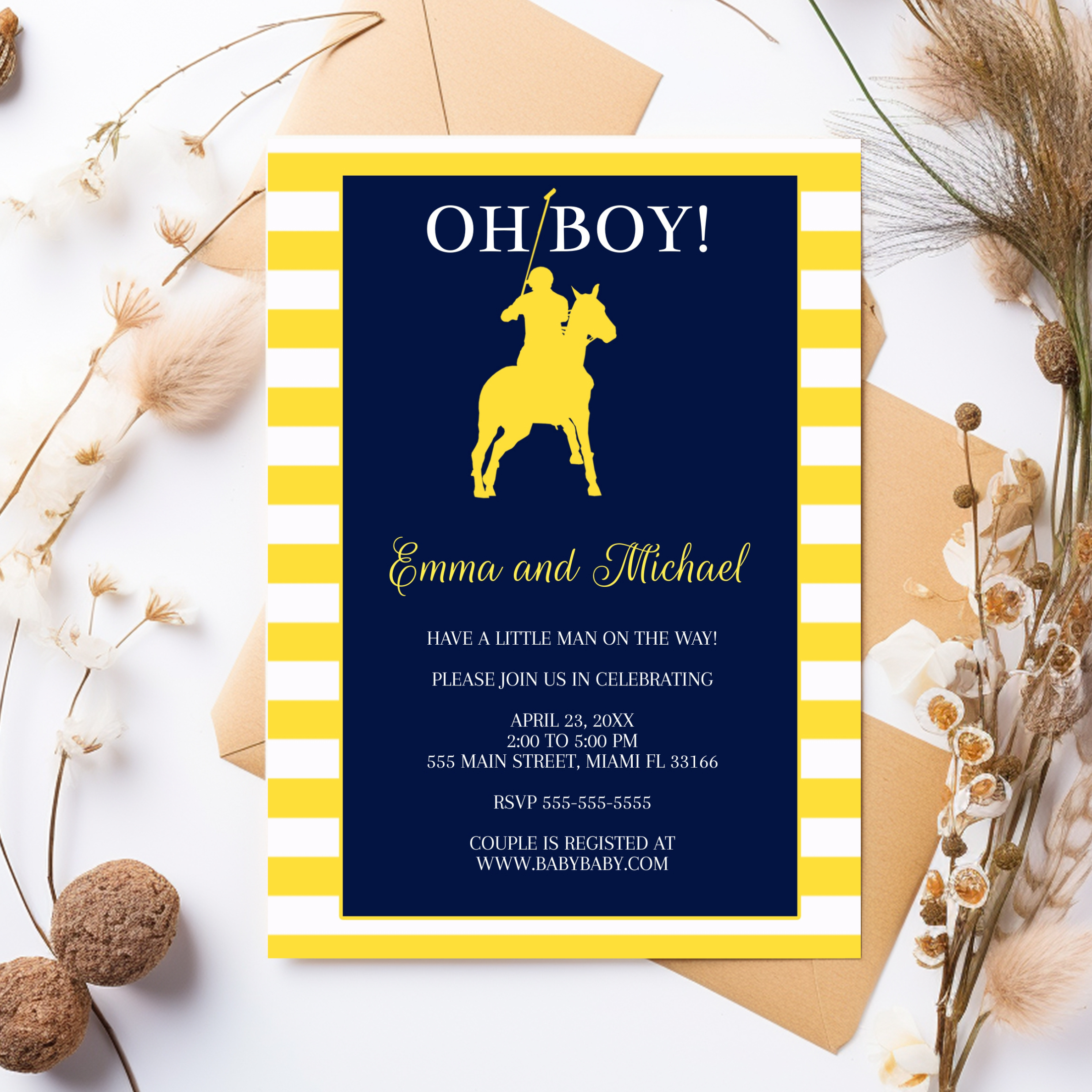 Polo Invitation Boy Birthday Baby Shower Yellow Navy Blue