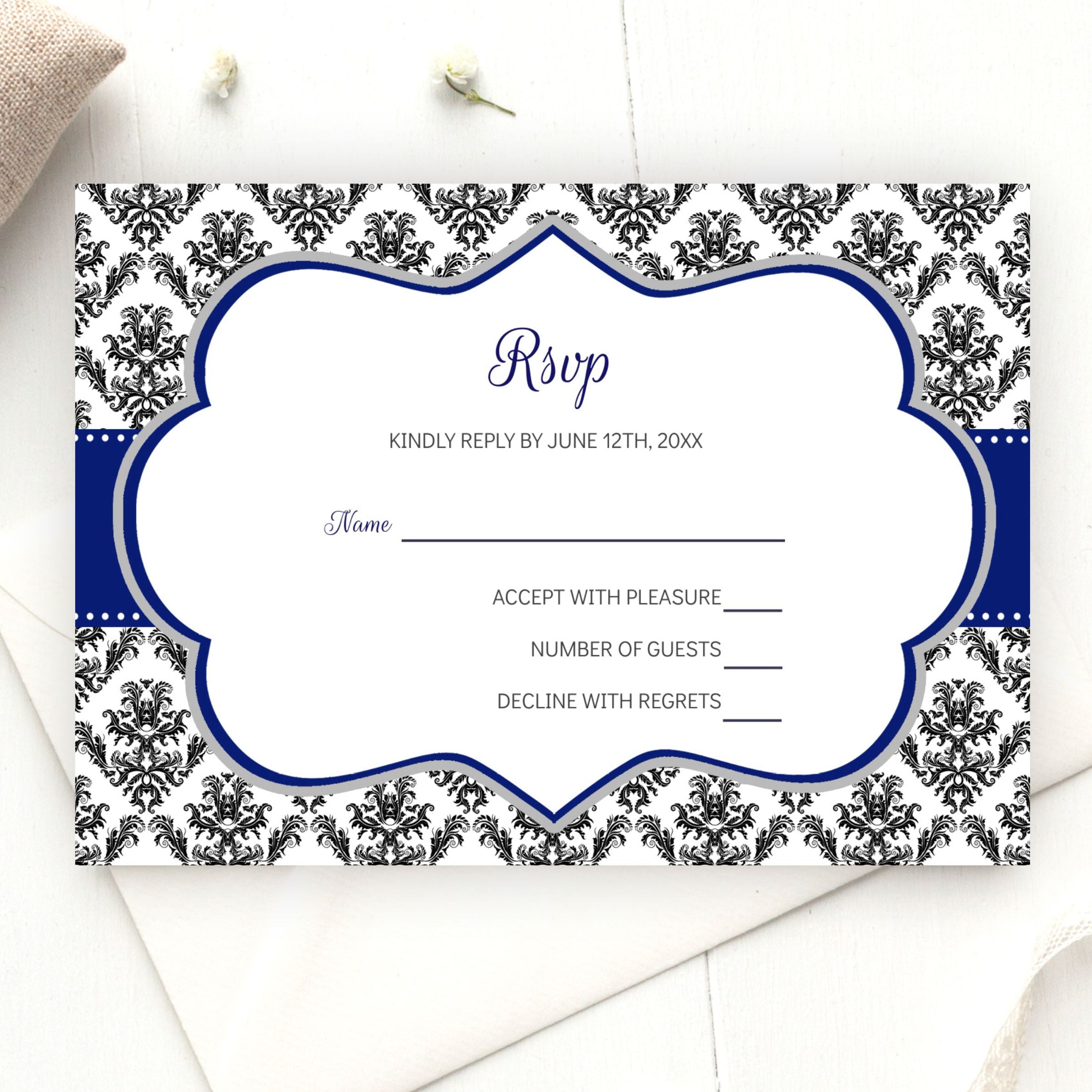 Damask Navy Blue Black RSVP Wedding Response Card