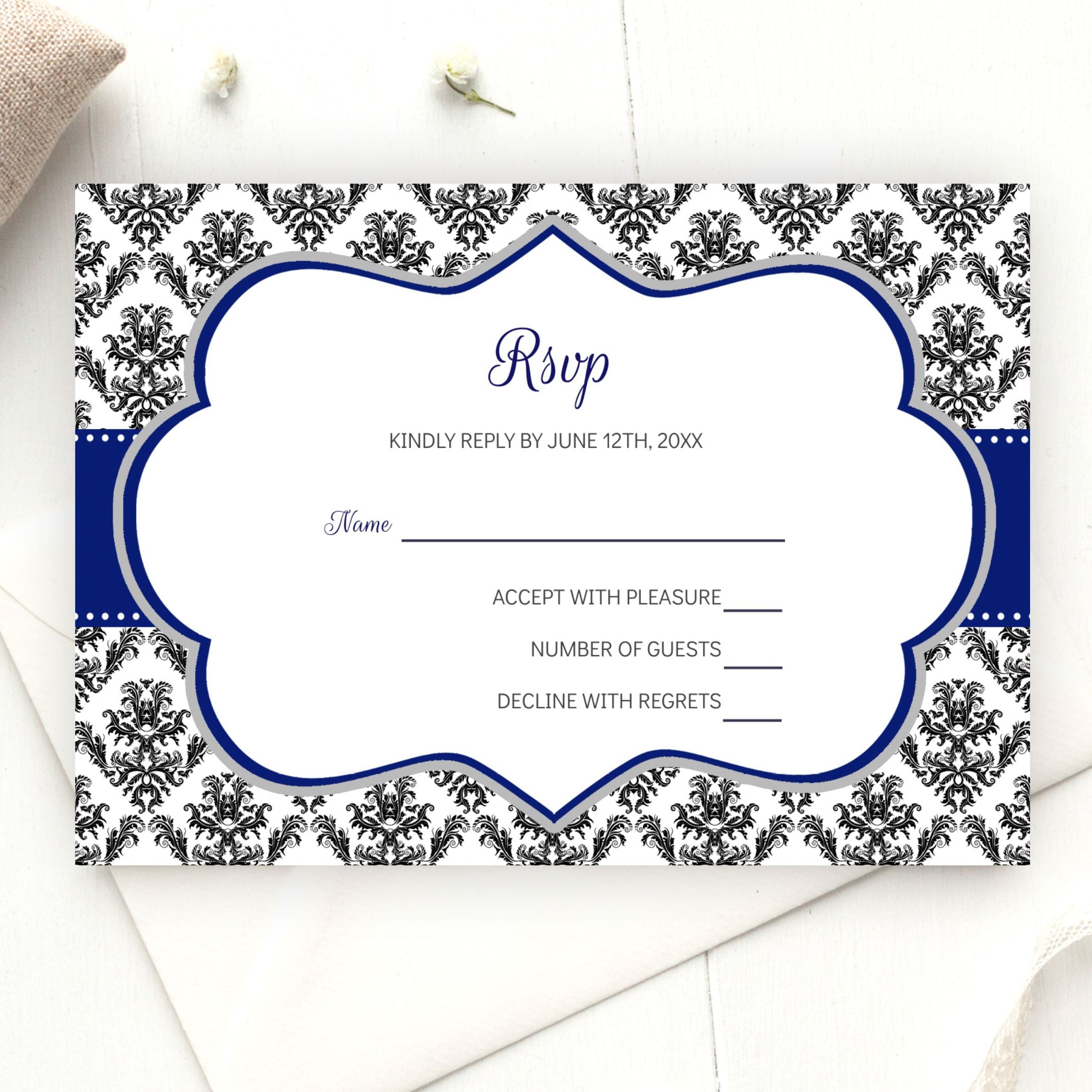 Damask Navy Blue Black RSVP Wedding Response Card
