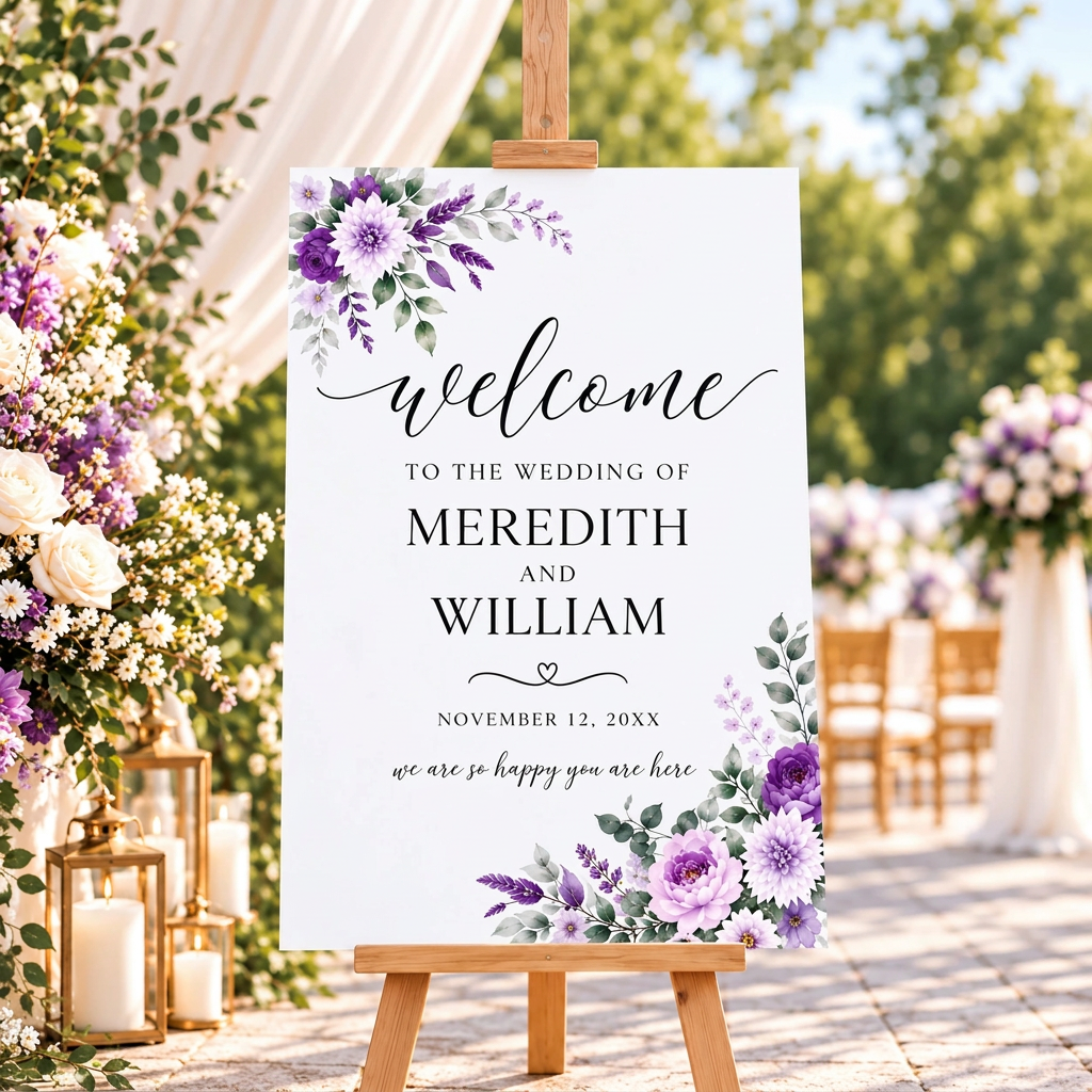 Wedding welcome sign floral purple romantic