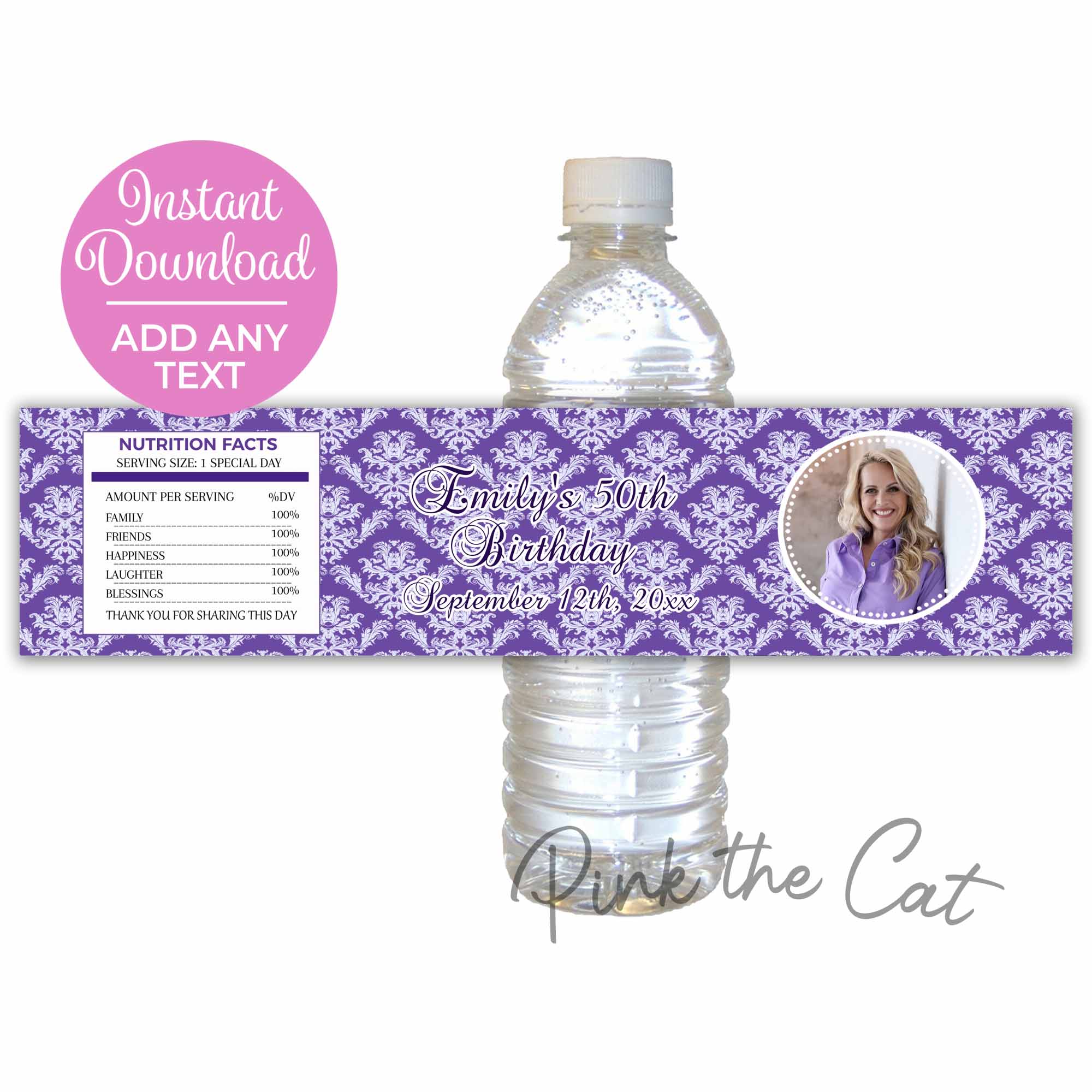 Purple Damask Photo Bottle Label