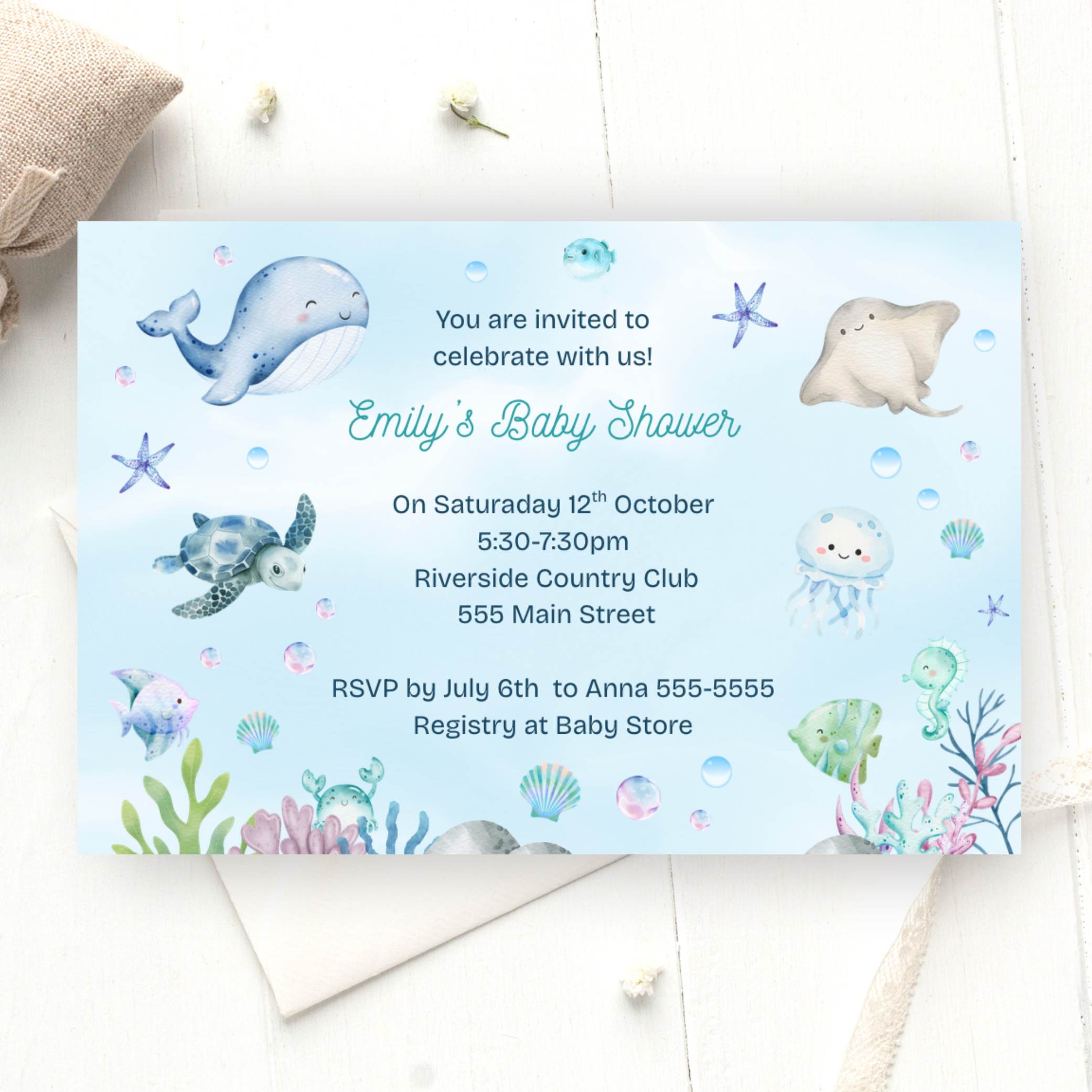 Whale Under The Sea Baby Shower Invitation Printable