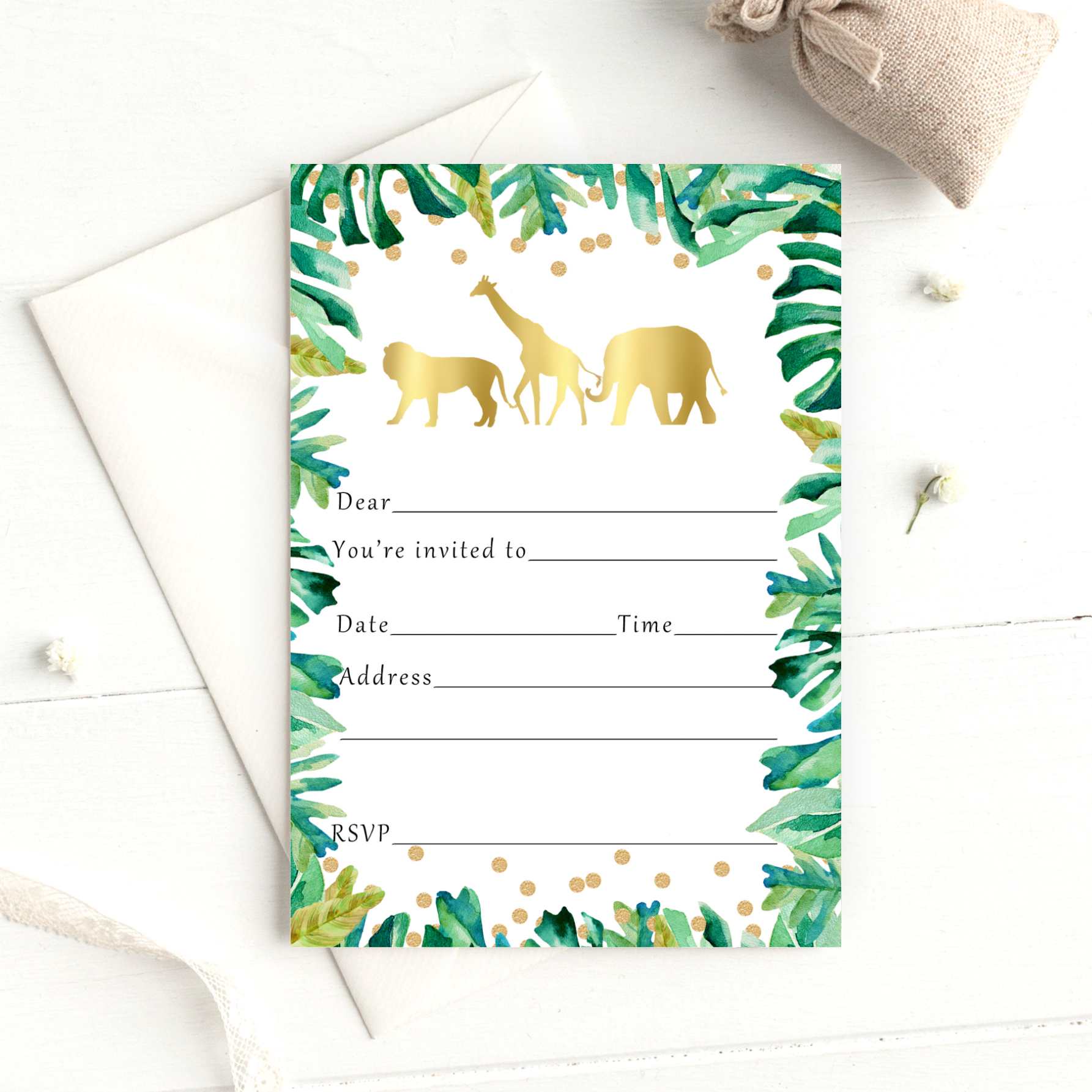 Jungle Invitation Fill In Blank Gold Green Birthday Printable