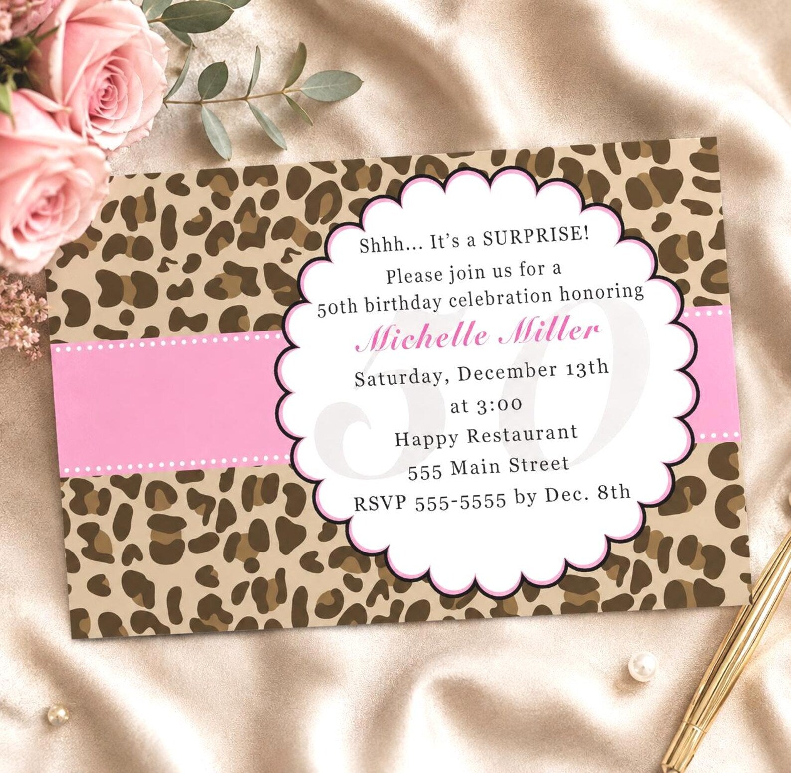 Leopard Invitation Adult Girl Birthday Party Pink