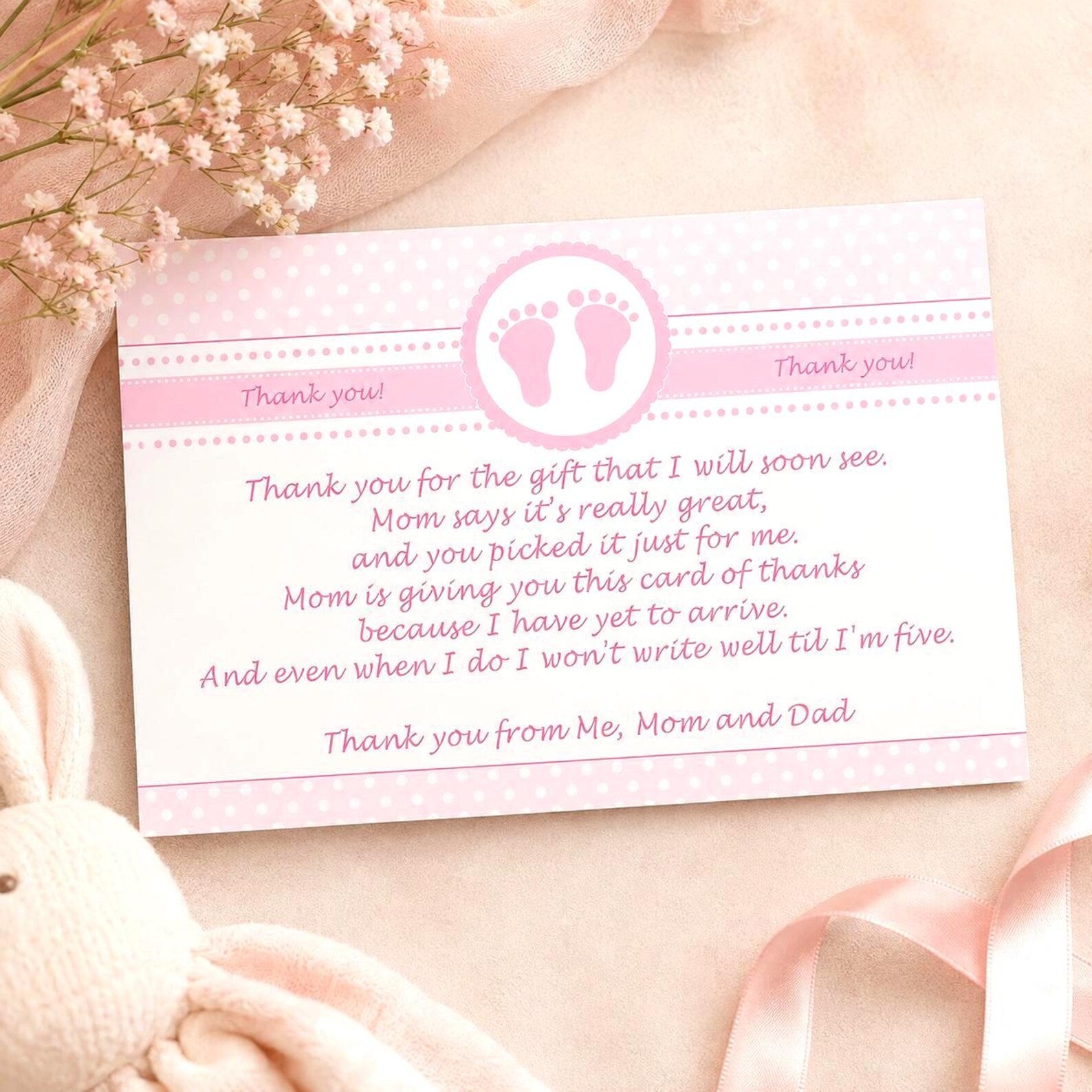 Baby Girl Shower Thank You Card Note Pink White