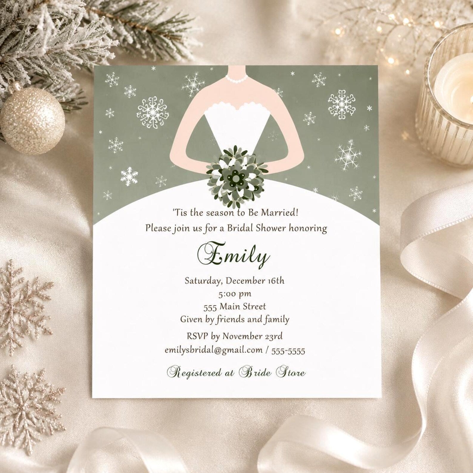 Winter Bridal Shower Invitation Sage Green Sweet 16