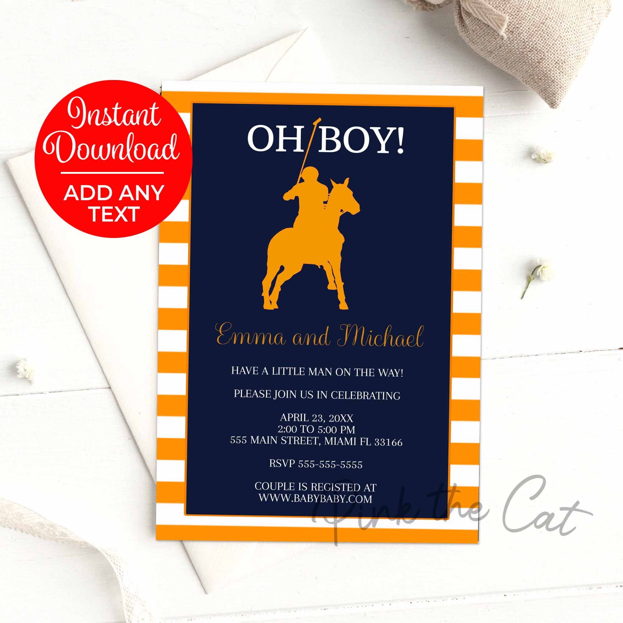 Polo invitation baby shower birthday blue orange printable