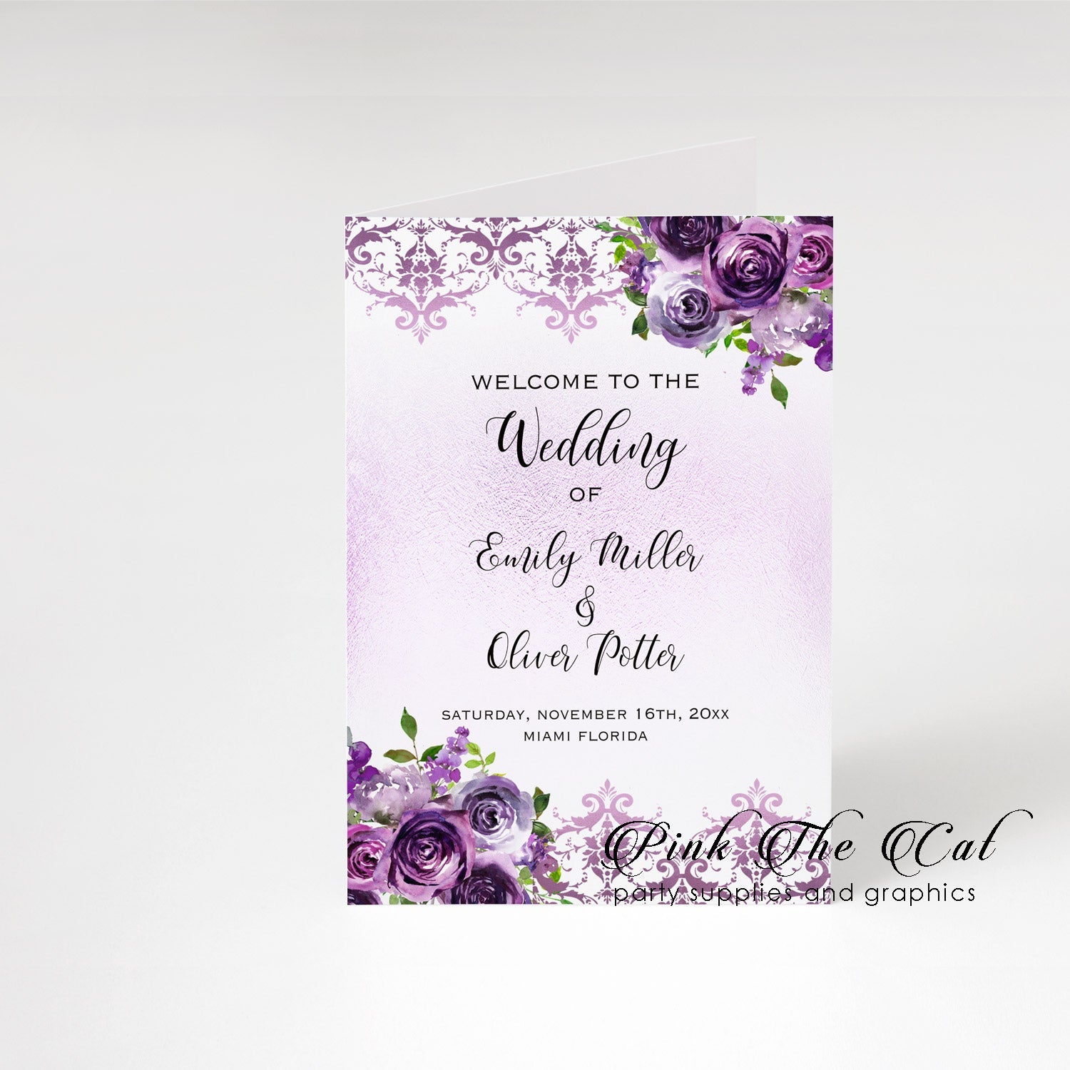 400 wedding programs purple floral folded