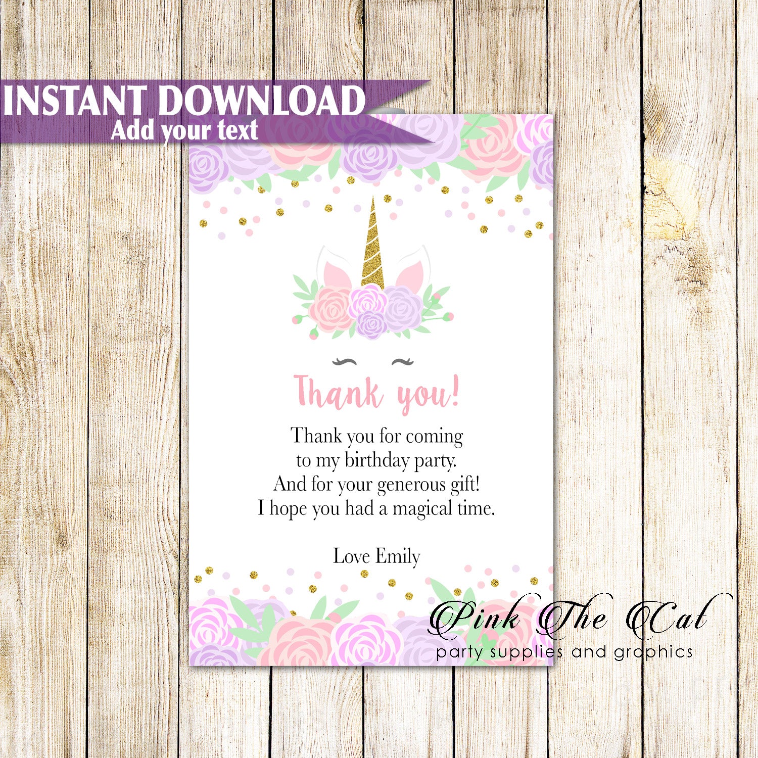 Unicorn Face Pink Purple Thank You Card Printable