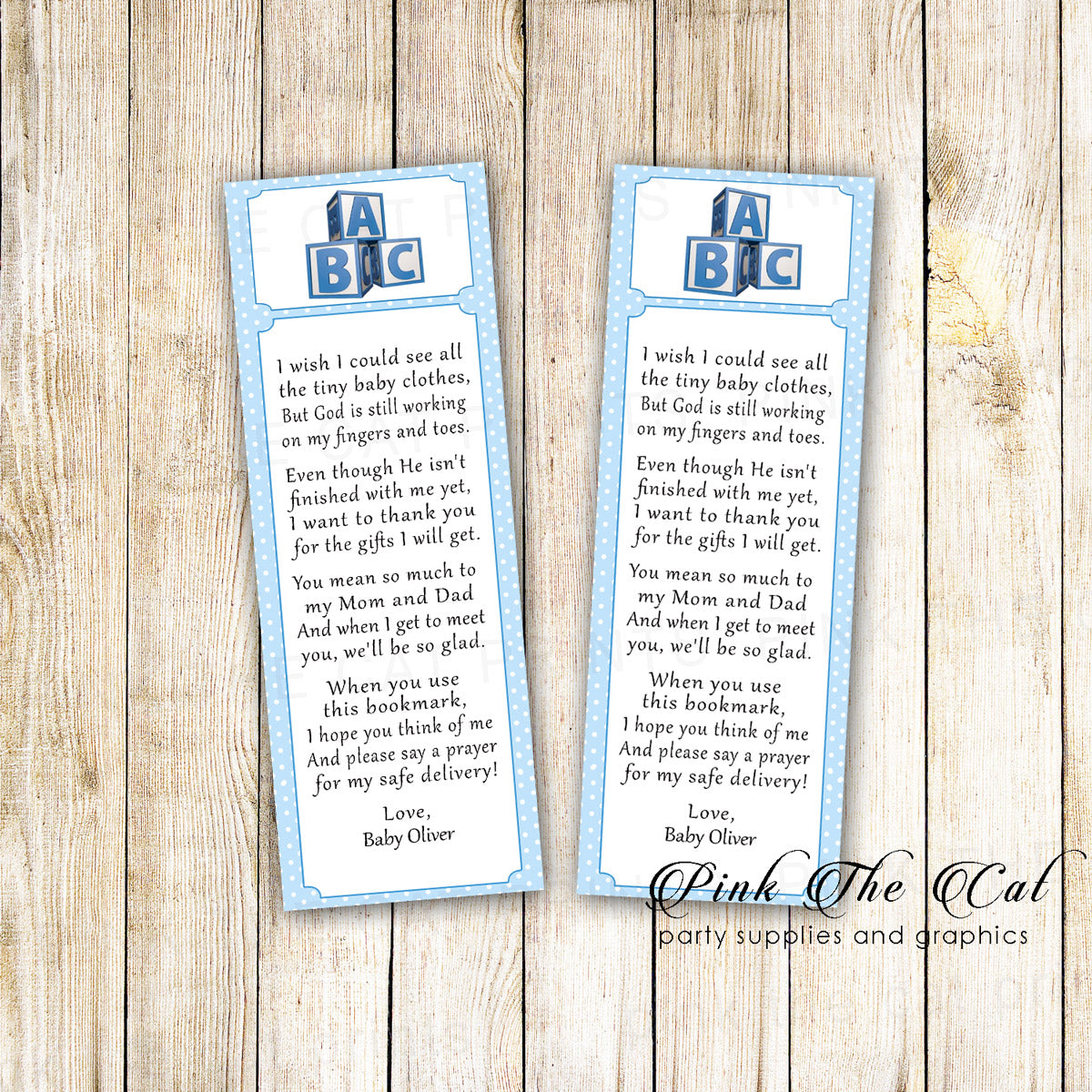 50 Printed Bookmarks Baby Shower Blue Blocks