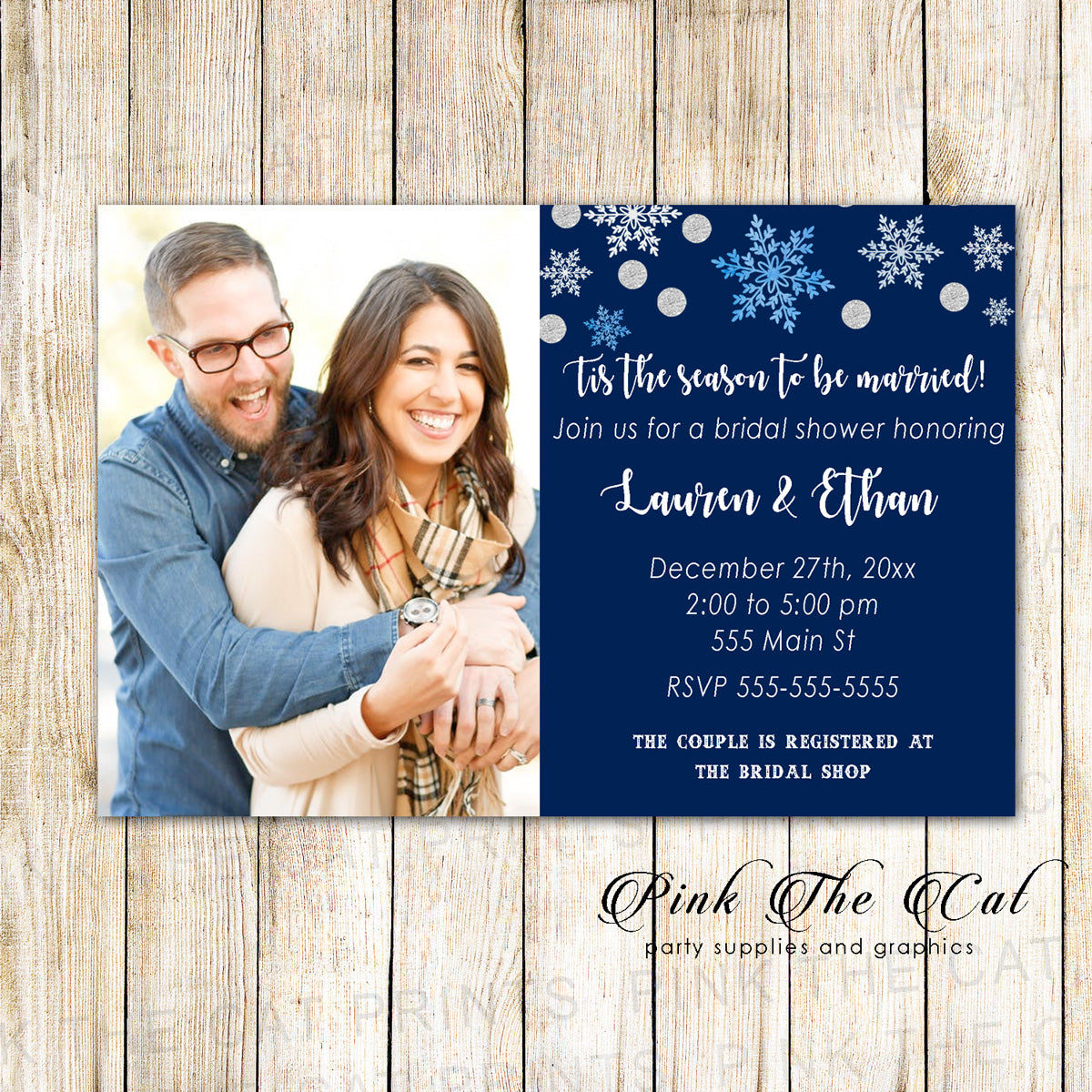 Winter bridal shower invitation with photo