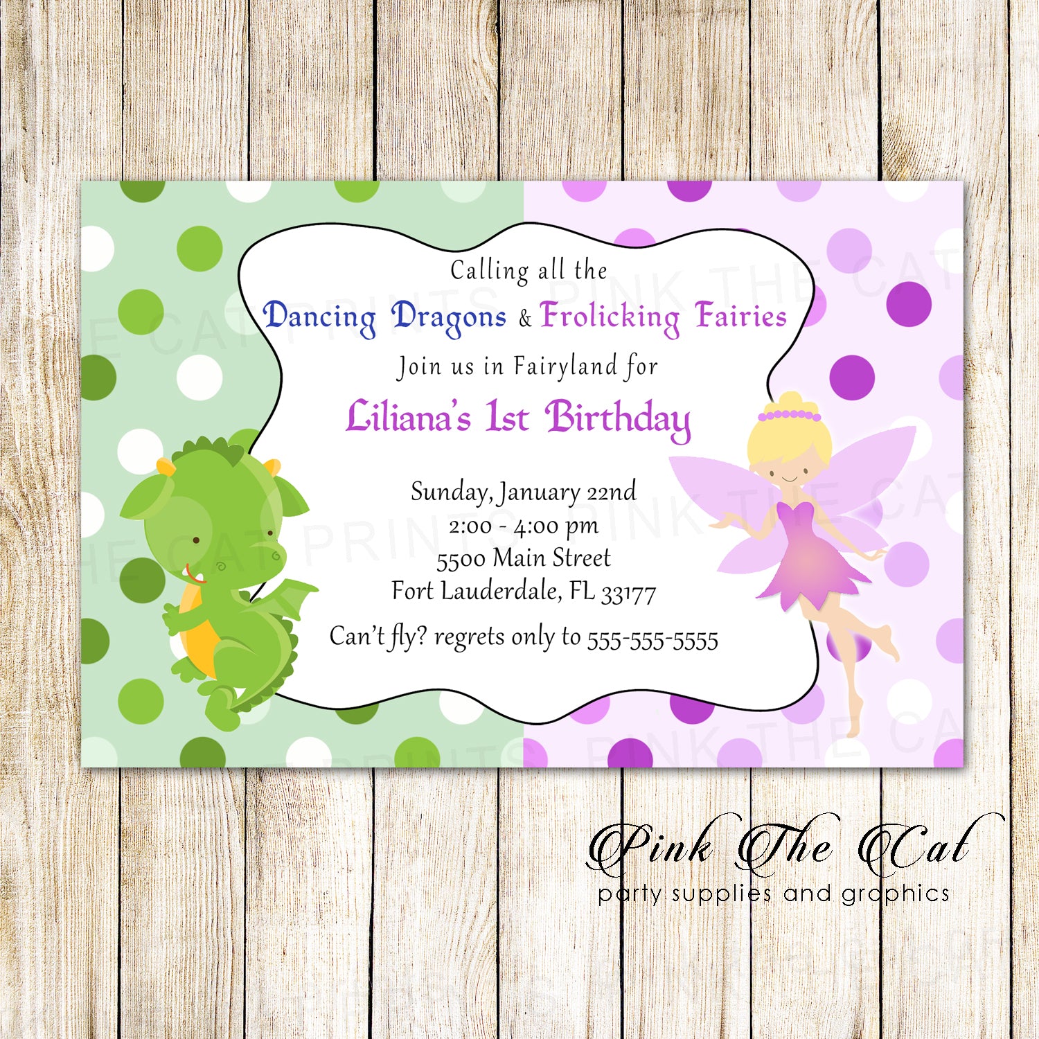 Dragon fairy invitation kids birthday party