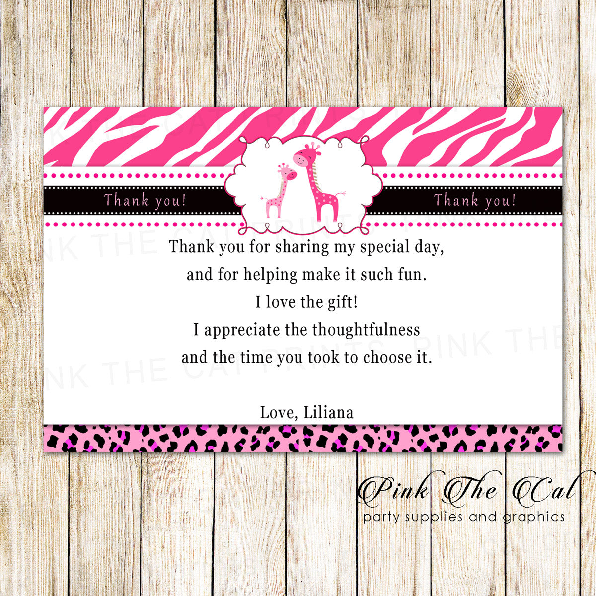 Thank you cards giraffe baby shower pink black printable