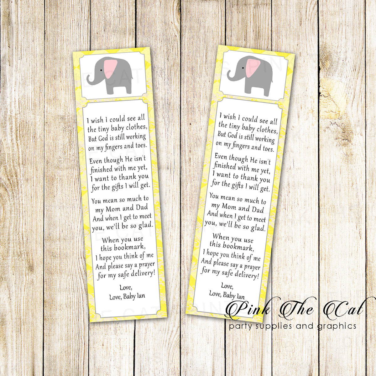 Elephant Bookmark Baby Shower Favor Yellow Gray Printable