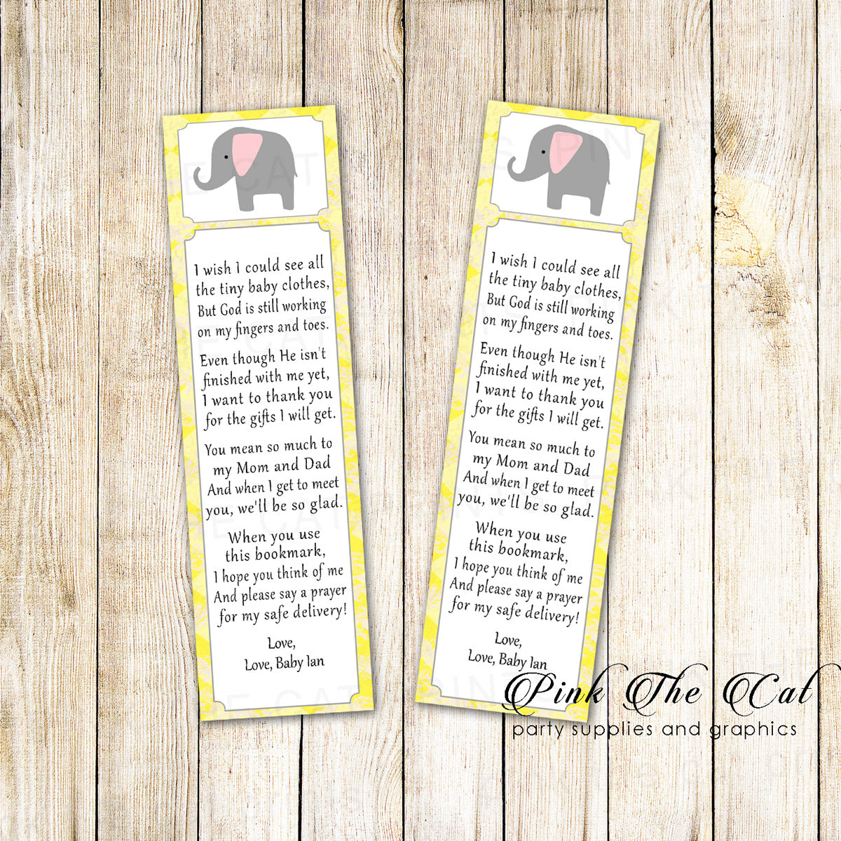 50 Printed Bookmarks Baby Shower Yellow Elephant