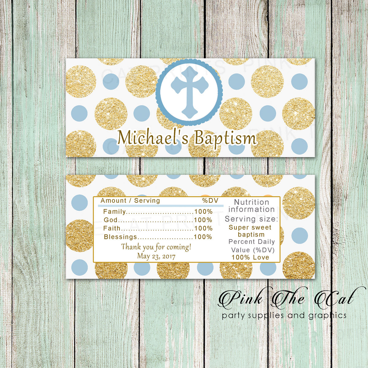 50 Candy Bar Wrapper Blue Gold Boy Baptism Communion