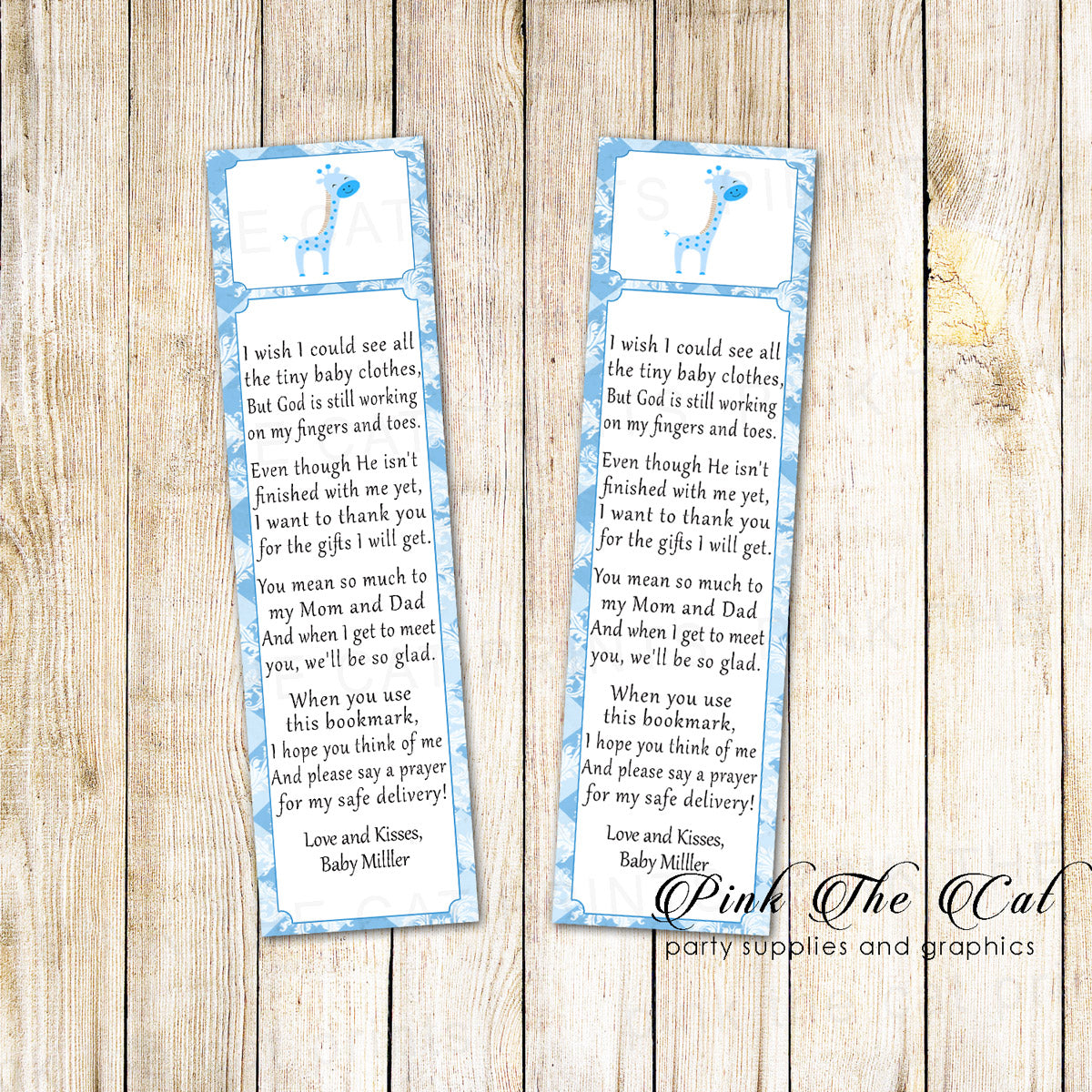 50 Printed Bookmarks Boy Baby Shower Blue Giraffe