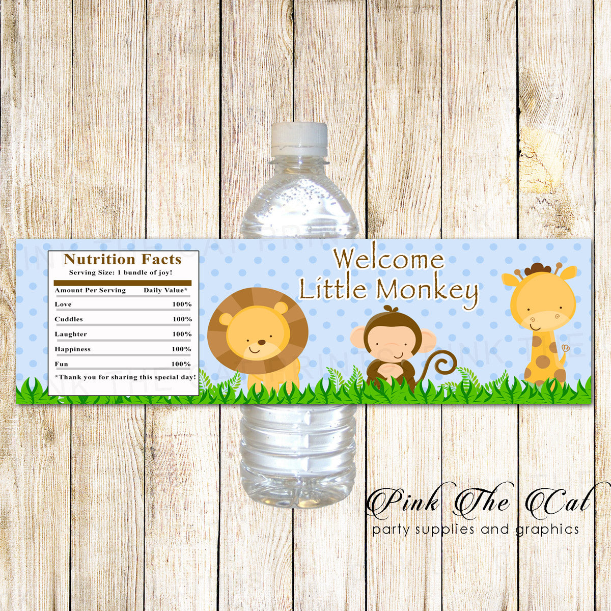 Monkey Blue Jungle Water Bottle Labels Birthday Baby Shower Printable