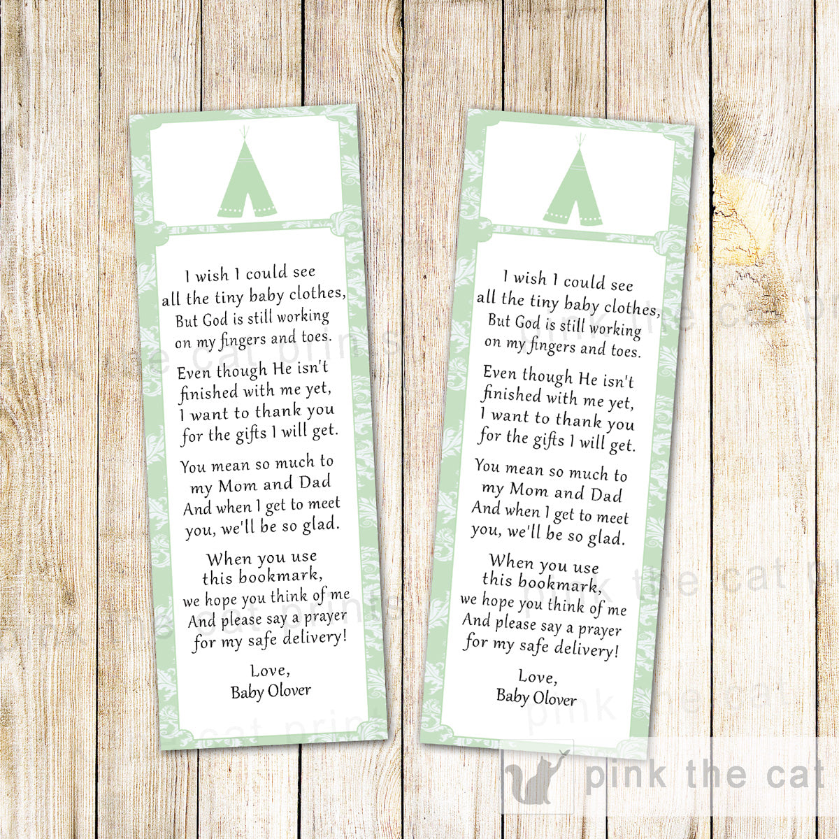 50 Printed Bookmarks Baby Shower Tepee Tribal Mint Green