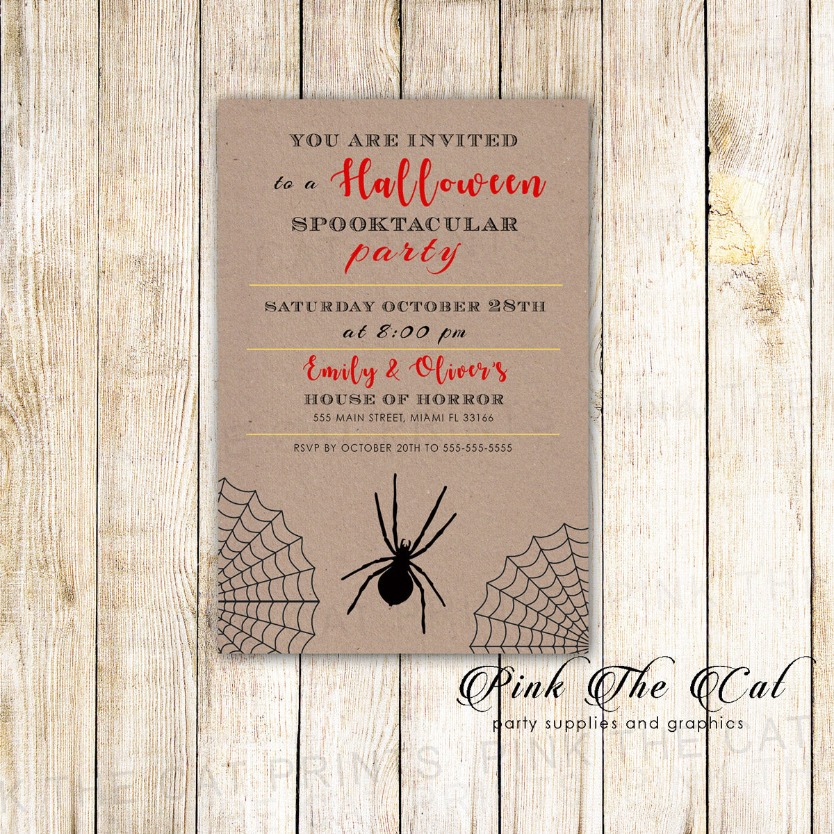 Halloween party invitation rustic spider
