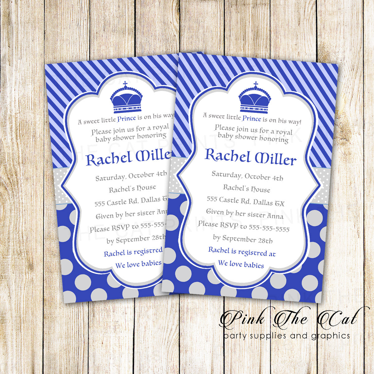 Prince invitation glitter silver royal blue birthday baby shower