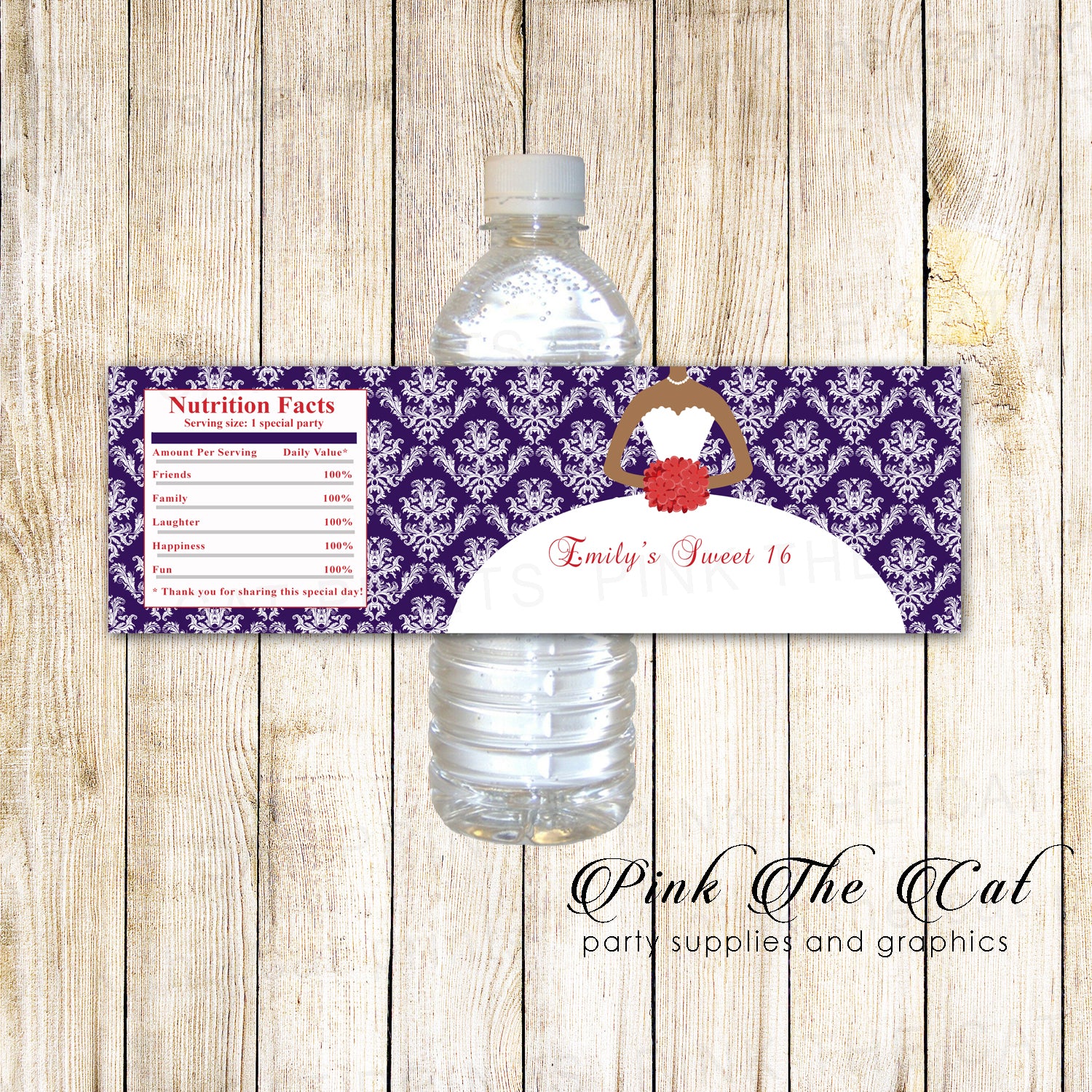 30 Bottle Labels Sweet 16 Quinceanera African American Purple Red