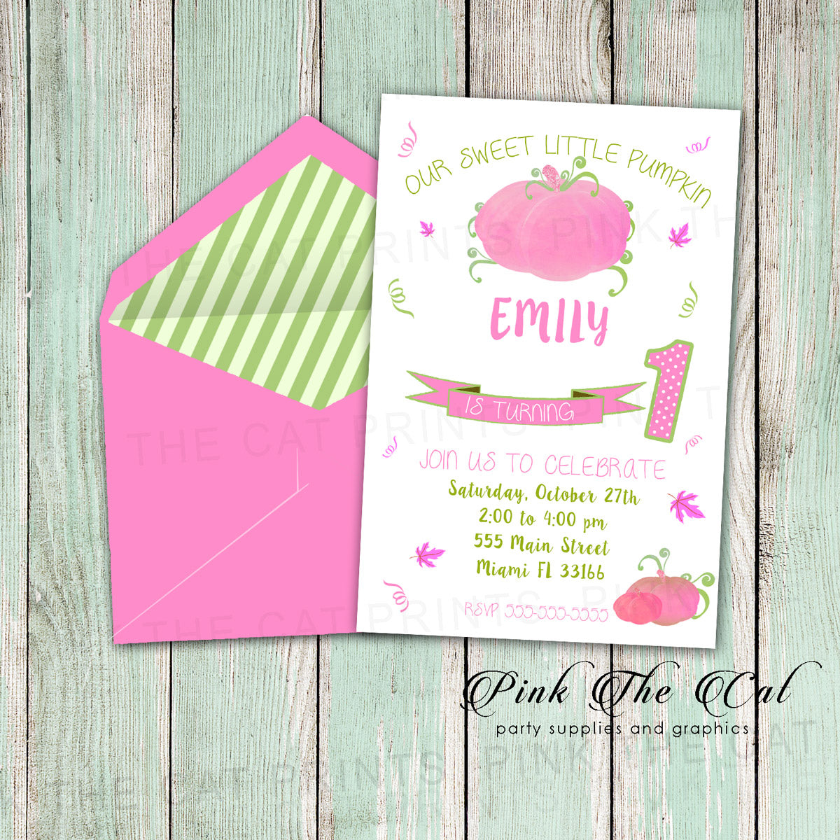 Pumkin invitation kids birthday party pink