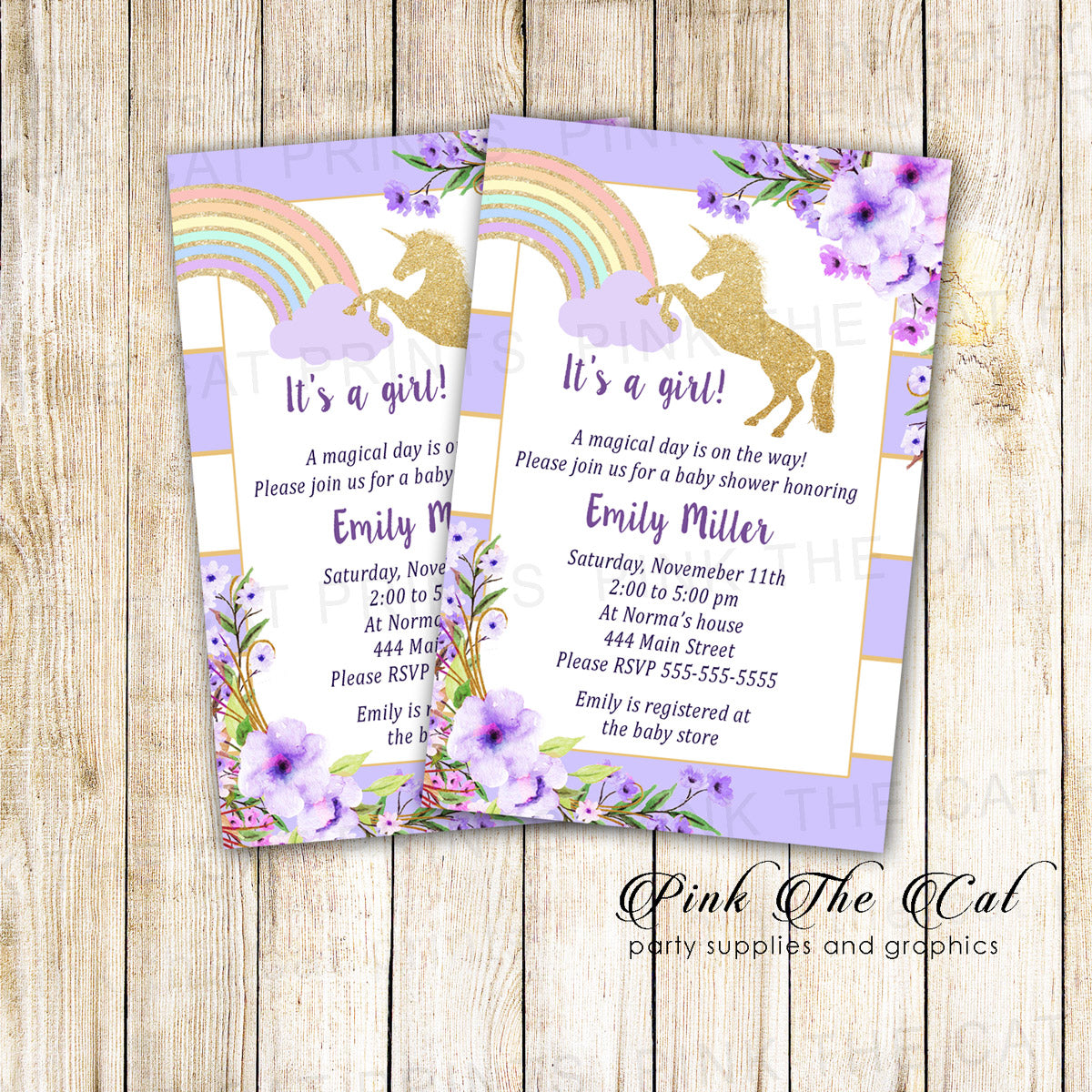Unicorn Baby Shower Invitation Lavender Gold printed