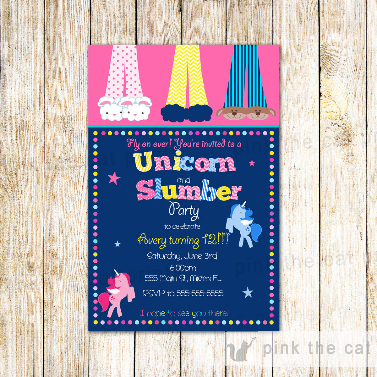 Unicorn and pajamas invitation girl slumber party