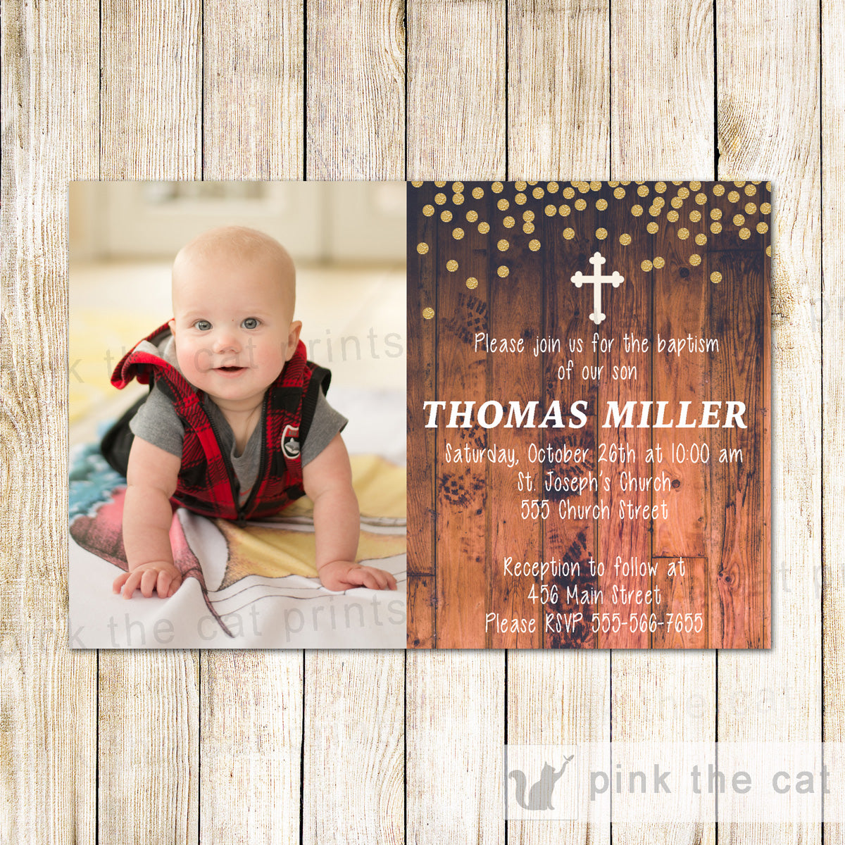 Rustic confetti gold baptism christening photo invitation