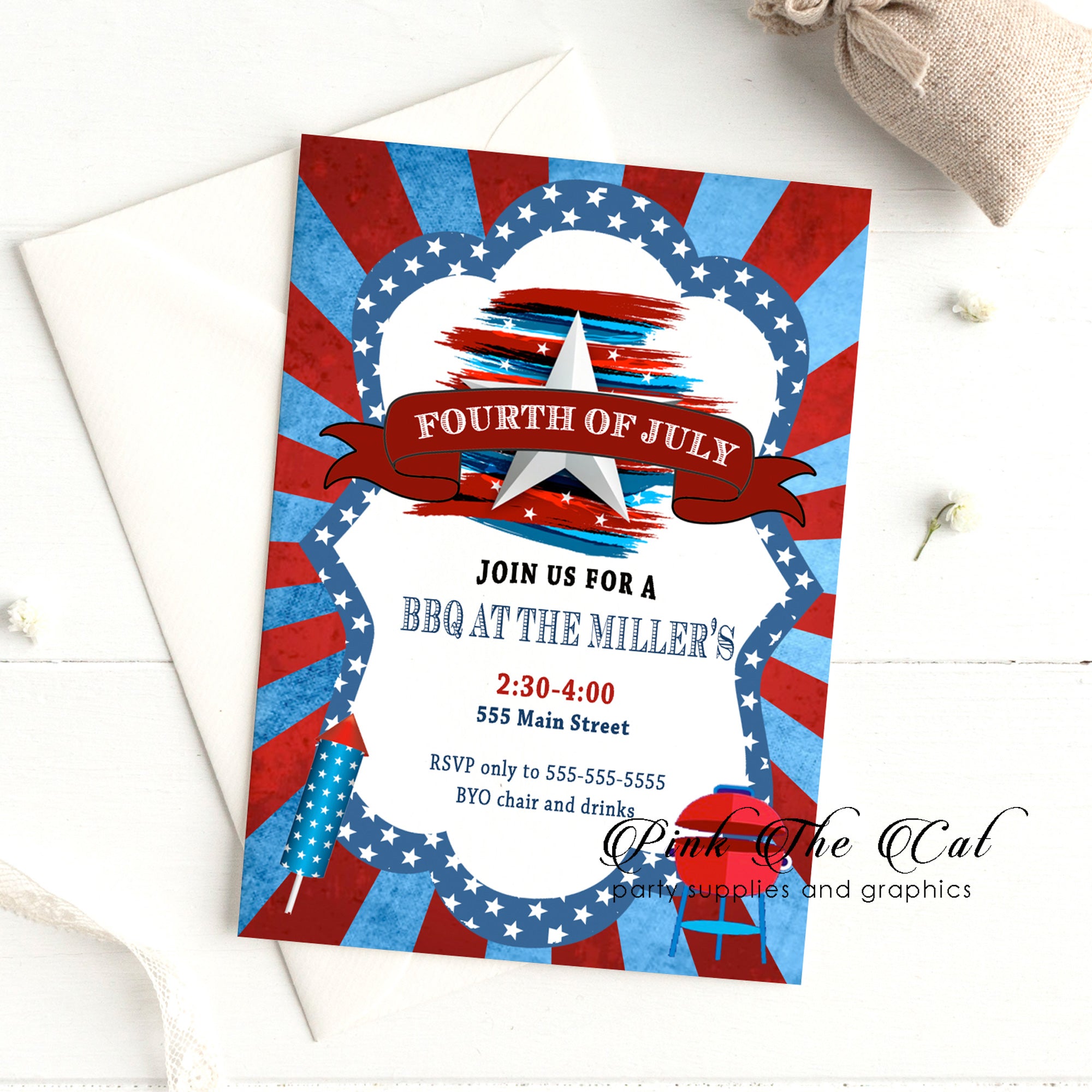 4th of july invitations red blue bbq birthday personalized (set of 30)