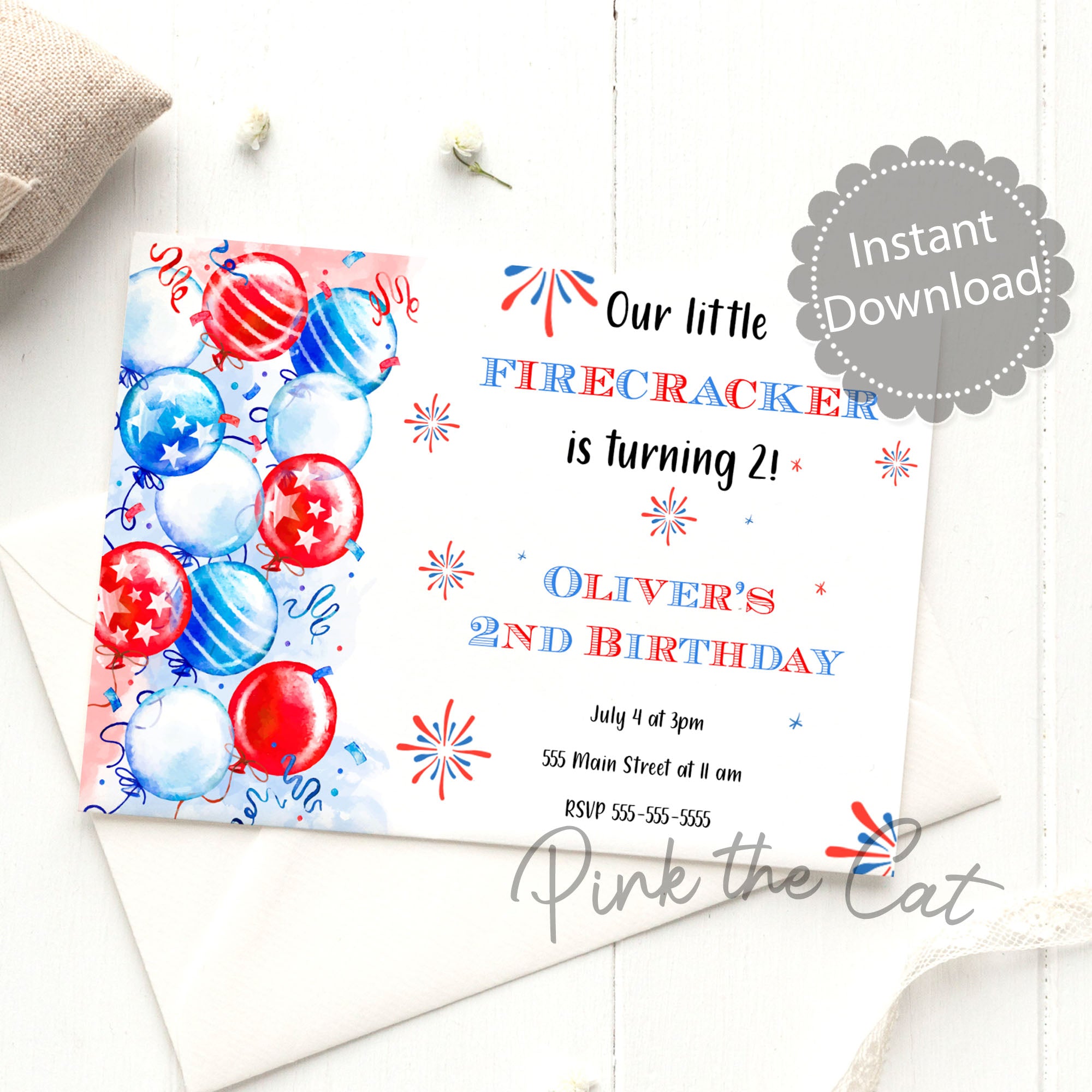 4th july birthday balloons invitation