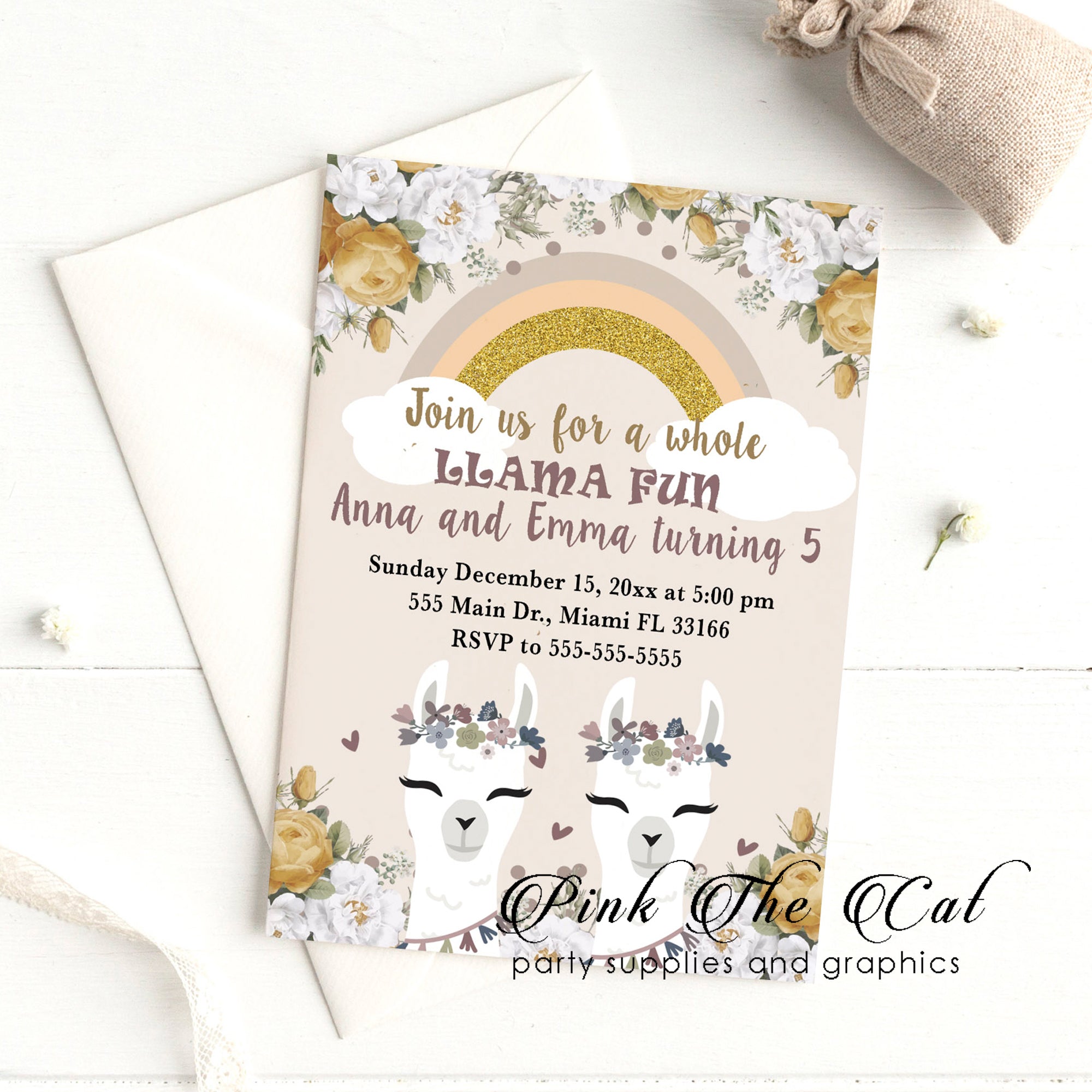 Alpaca invitations for twin girls birthday party printable