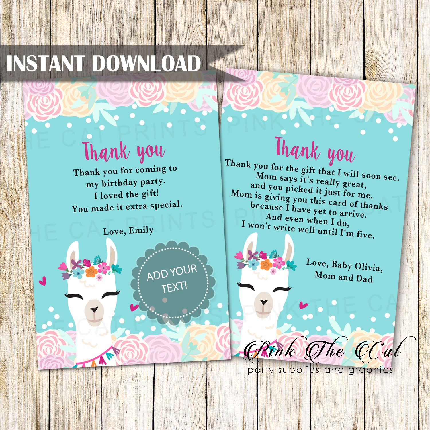 Alpaca Face Llama Girl Thank You Card Printable Instant Download