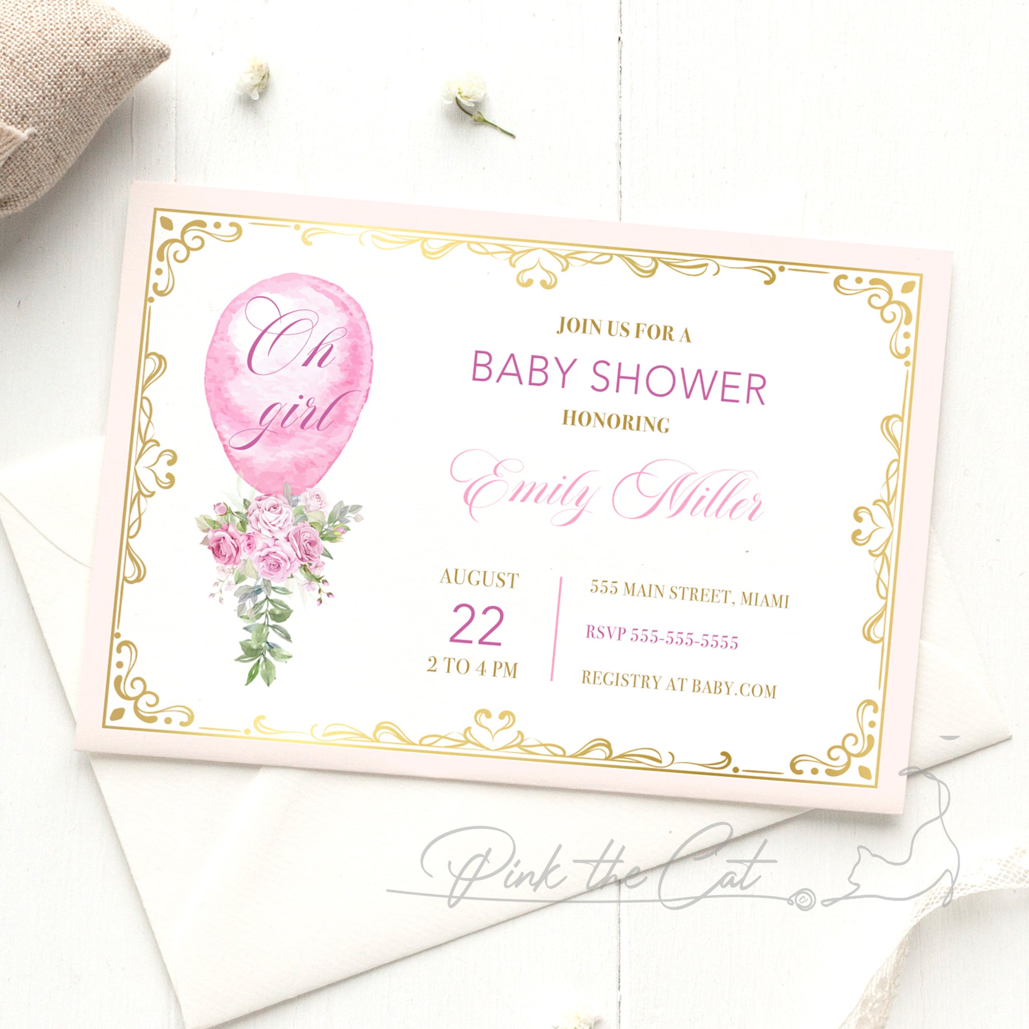 Oh girl baby shower invitations gold pink balloon greenery watercolor