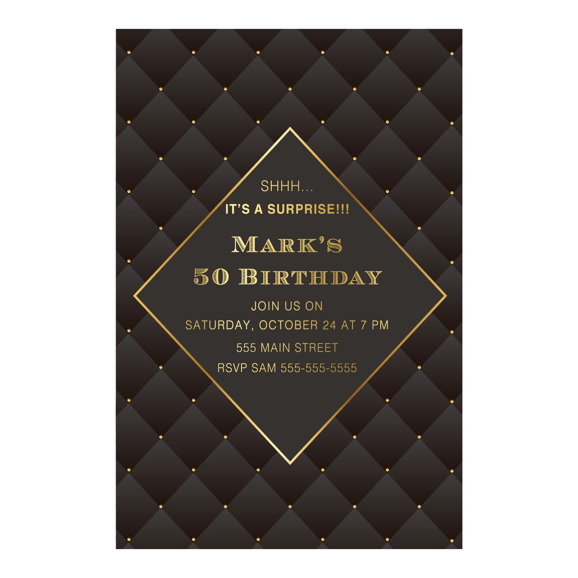 Adult birthday invitation black gold & envelopes (set of 30)